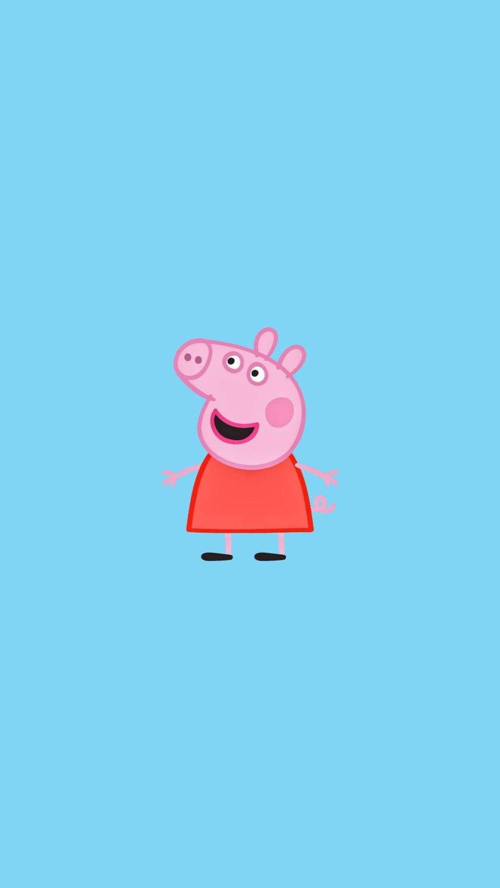 淺藍色 桌布 壁紙 — Peppa Pig 穿著紅色連衣裙，在純淺藍色背景上開心地微笑。
