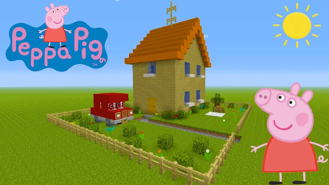 Peppa Pig Family 桌布 壁紙 — Peppa Pig 站在她方塊狀的房子前，陽光燦爛，綠草如茵。