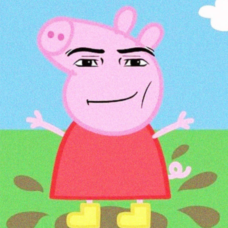 Peppa Pig 穿著紅色連衣裙和黃色靴子，站在泥濘的草地上，雙臂伸展。 — 佩佩豬 GIF 壁紙