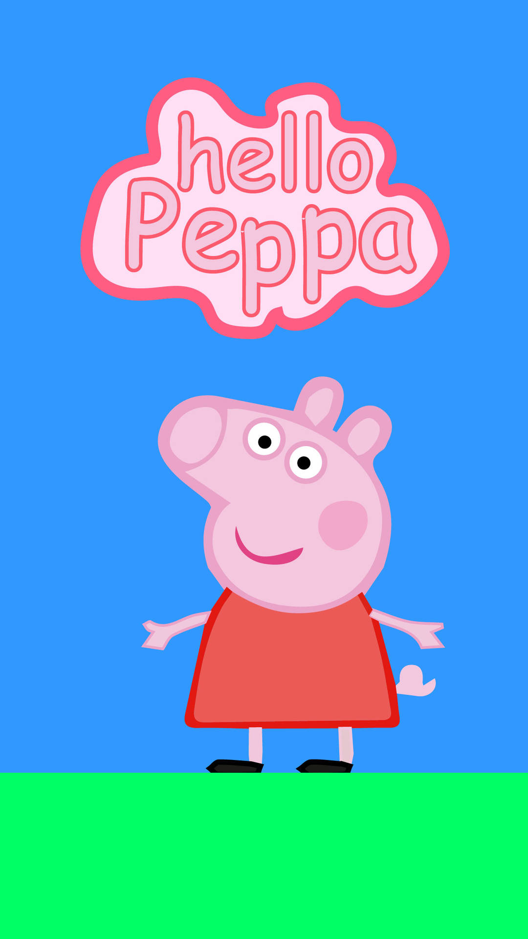  壁紙 — Peppa Pig 站在藍天下的綠色草地上，有一個粉紅色的對話氣泡寫著 hello Peppa。