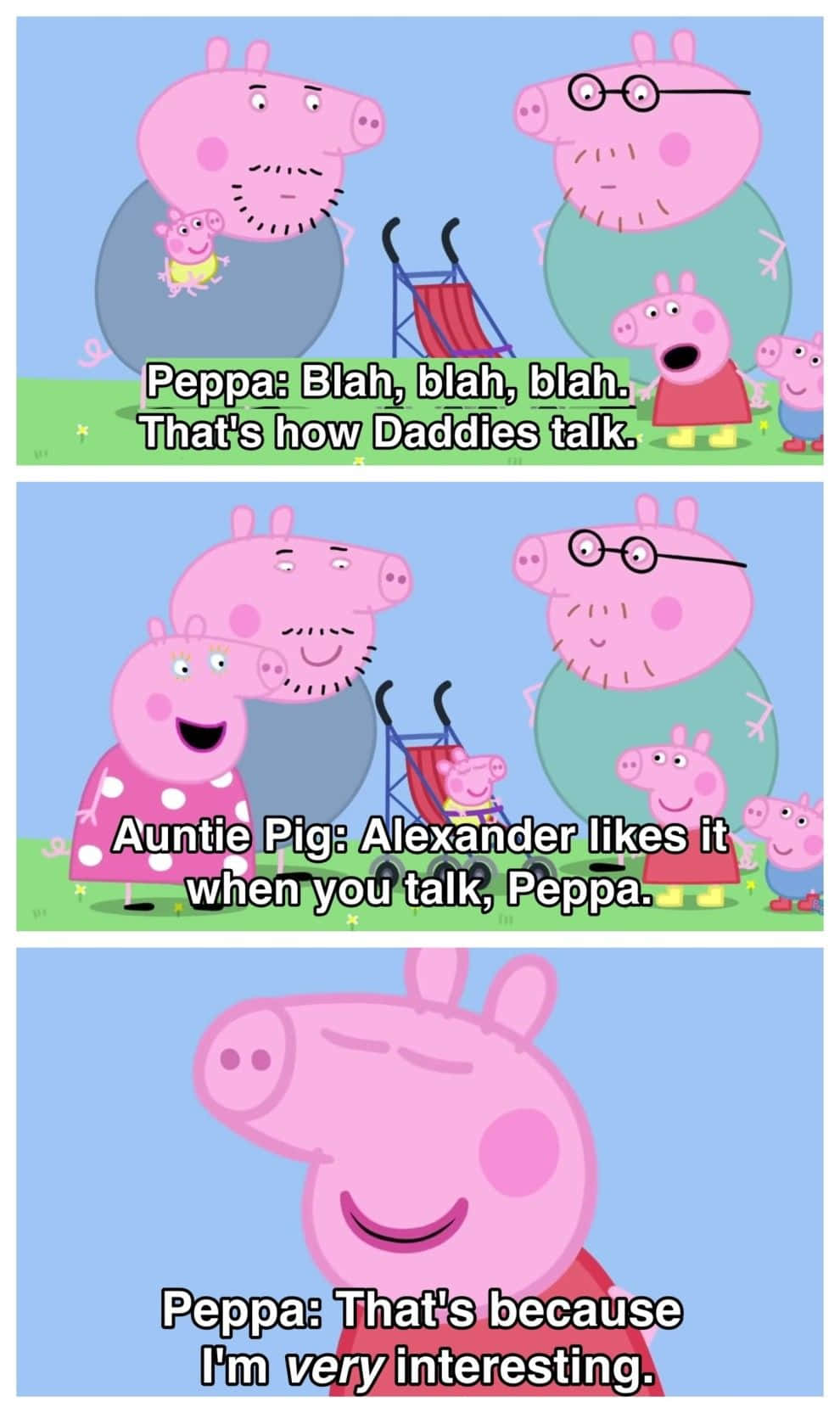 Uncle Pig 桌布 壁紙 — Peppa Pig 與家人在明亮的戶外場景中，對話氣泡顯示有趣的互動。