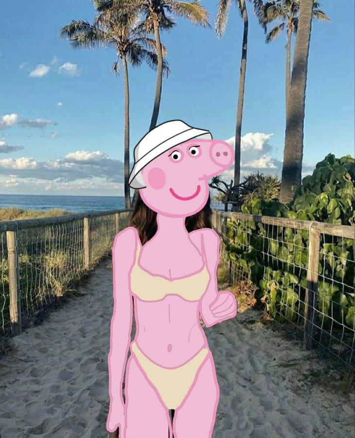 Madame Gazelle 桌布 壁紙 — Peppa Pig 身穿比基尼和帽子，站在棕櫚樹下的沙灘小徑上，背景是海洋和天空。