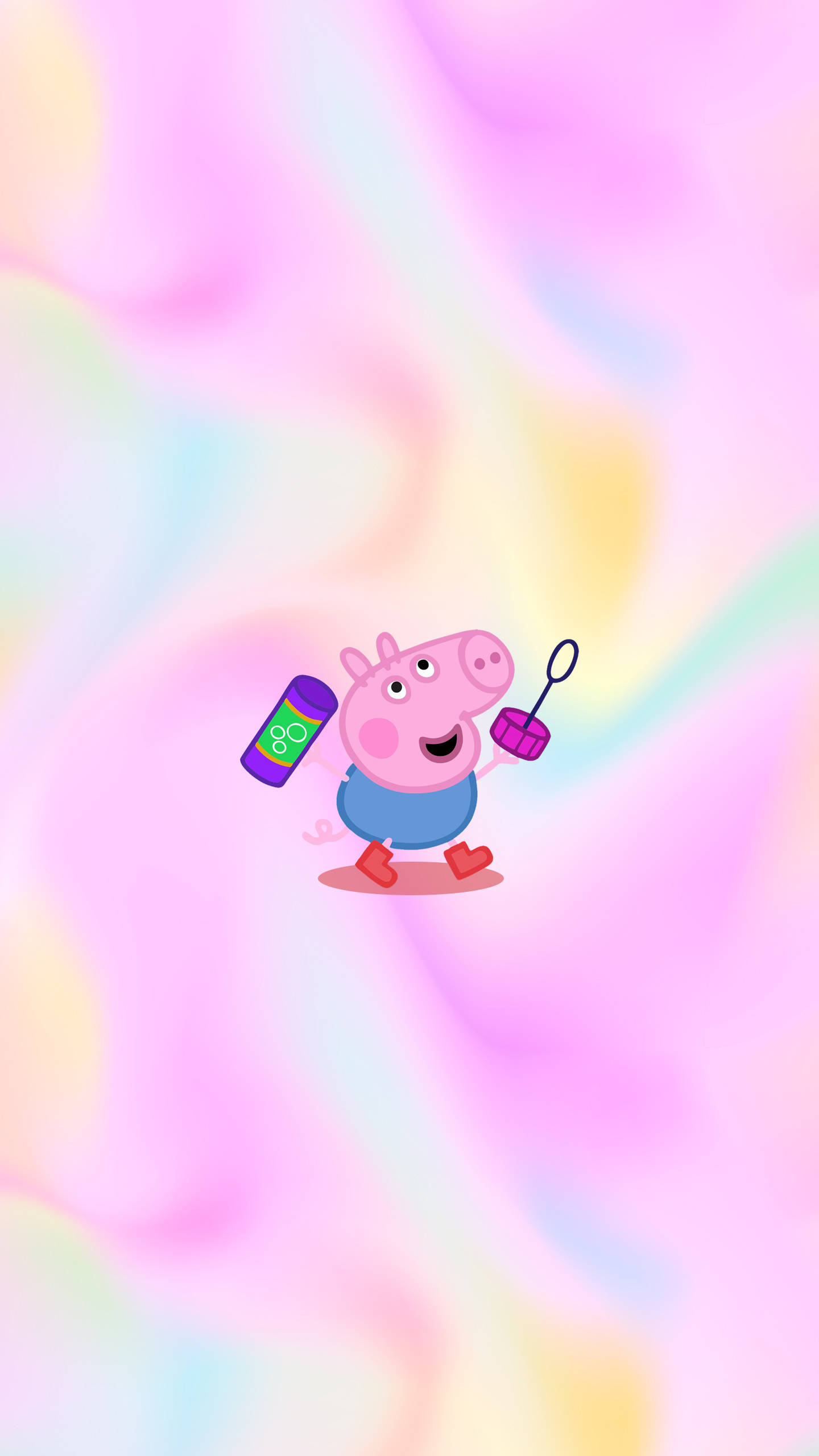 Peppa 桌布 壁紙 — Peppa Pig 開心向前走，手持泡泡棒和瓶子，背景是柔和的粉彩彩虹漩渦。