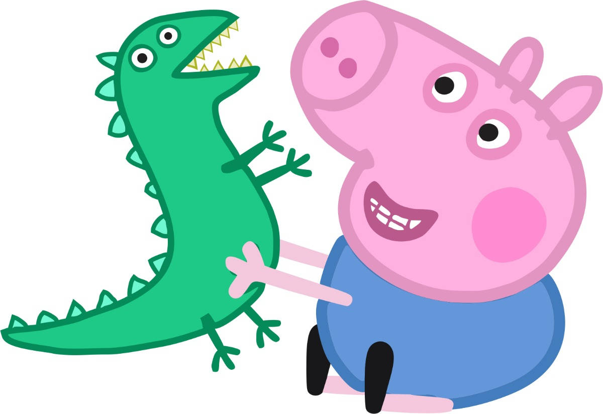 Peppa 桌布 壁紙 — Peppa Pig 開心地微笑，同時擁抱一隻擁有尖牙和尖刺的綠色卡通恐龍。