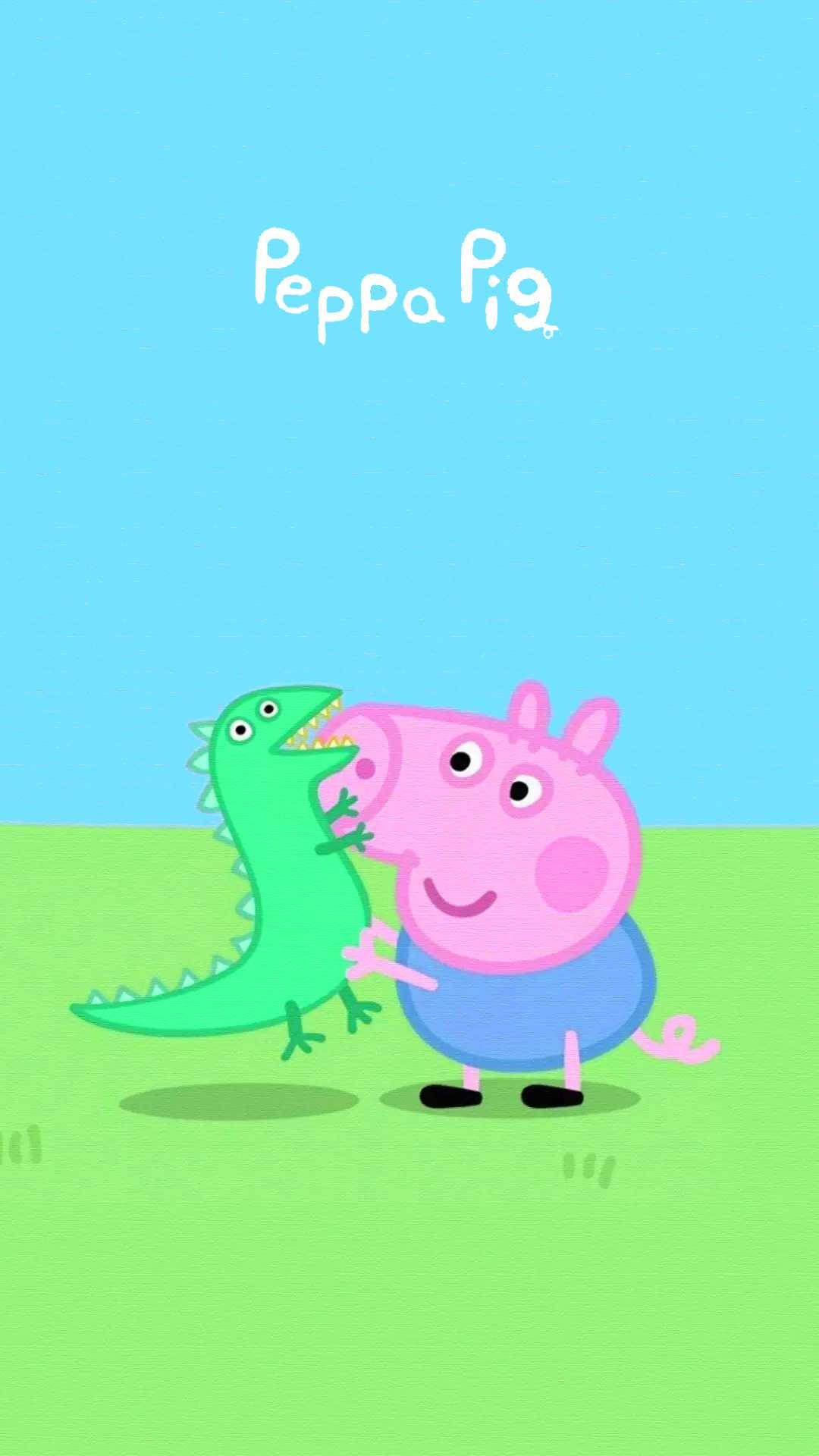 Cute Dinosaur 桌布 壁紙 — Peppa Pig 開心微笑，擁抱綠色恐龍玩具，背景是明亮的藍天和綠草。