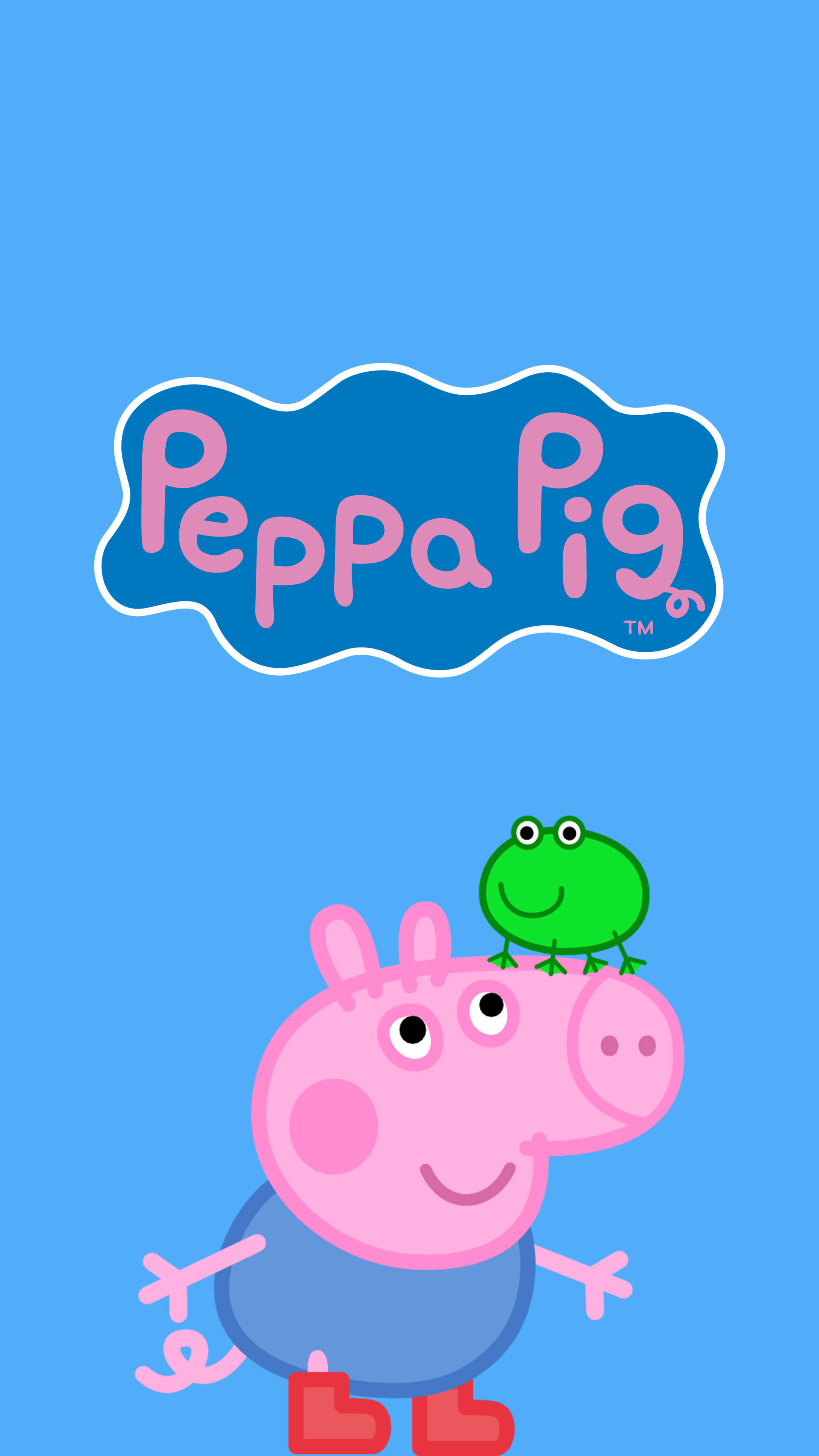 Peppa 桌布 壁紙 — Peppa Pig 頭上頂著一隻綠色青蛙，在純藍色背景上微笑，節目標誌在上方。