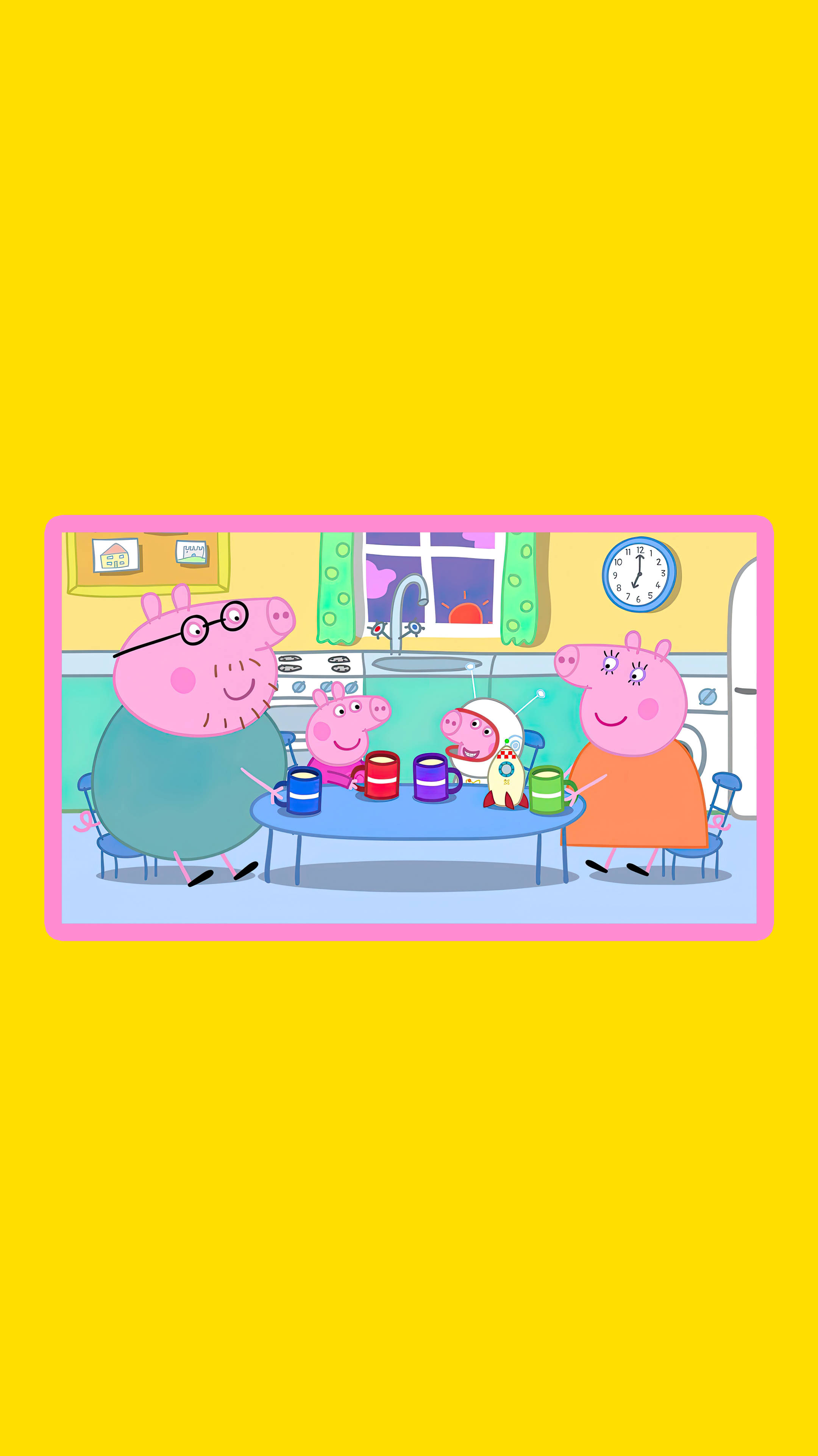 Peppa 桌布 壁紙 — Peppa Pig一家在明亮的卡通廚房裡享用下午茶，周圍有色彩繽紛的杯子和歡樂的表情。