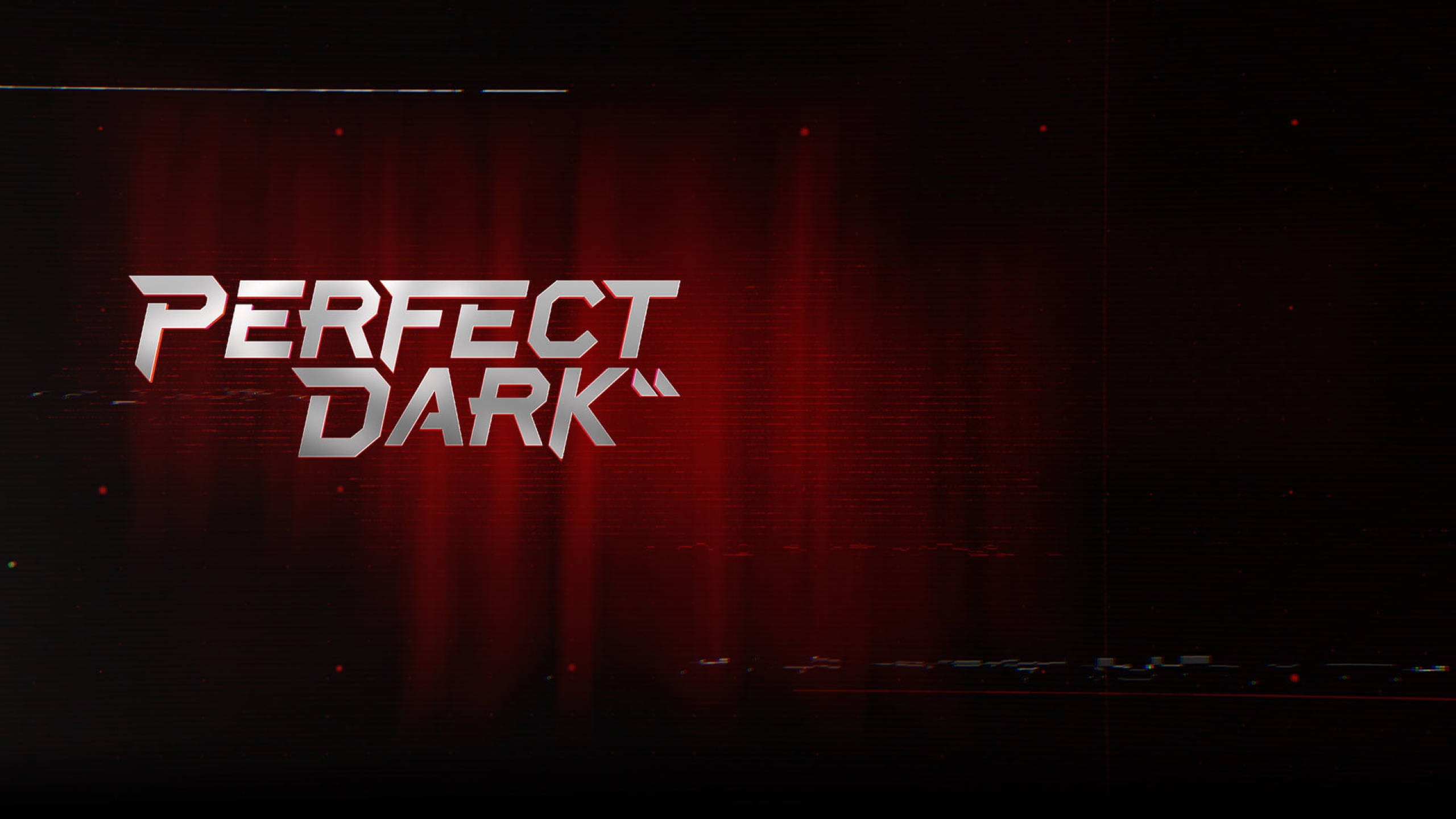 Gaming Logos 桌布 壁紙 — 「Perfect Dark」標題在深紅色數位簾幕上閃耀金屬銀光，帶有微妙的故障效果。