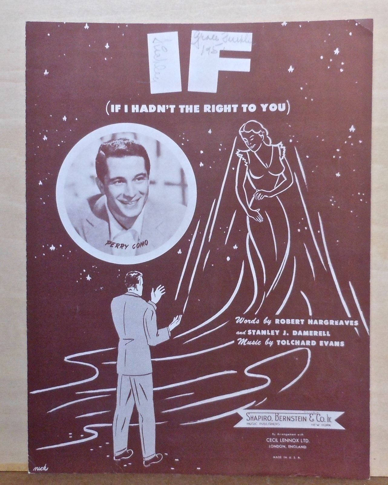 Entertainment 桌布 壁紙 — Perry Como 歌曲的復古 1950 年代樂譜封面，描繪一名男子向星空伸手，旁邊有一位身穿飄逸長裙的女子。