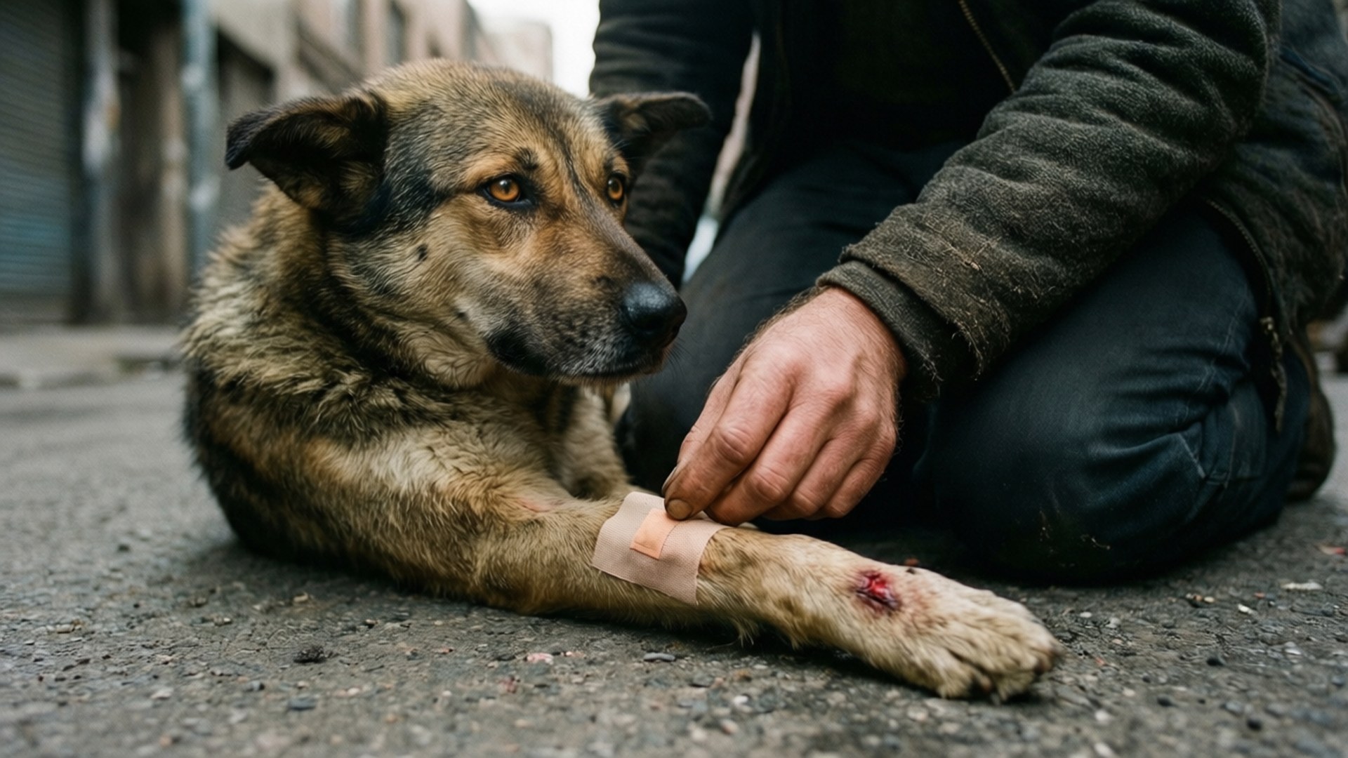 Altruism 桌布 壁紙 — 一個人跪在粗糙的城市人行道上，為一隻受傷的流浪狗的爪子包紮繃帶。