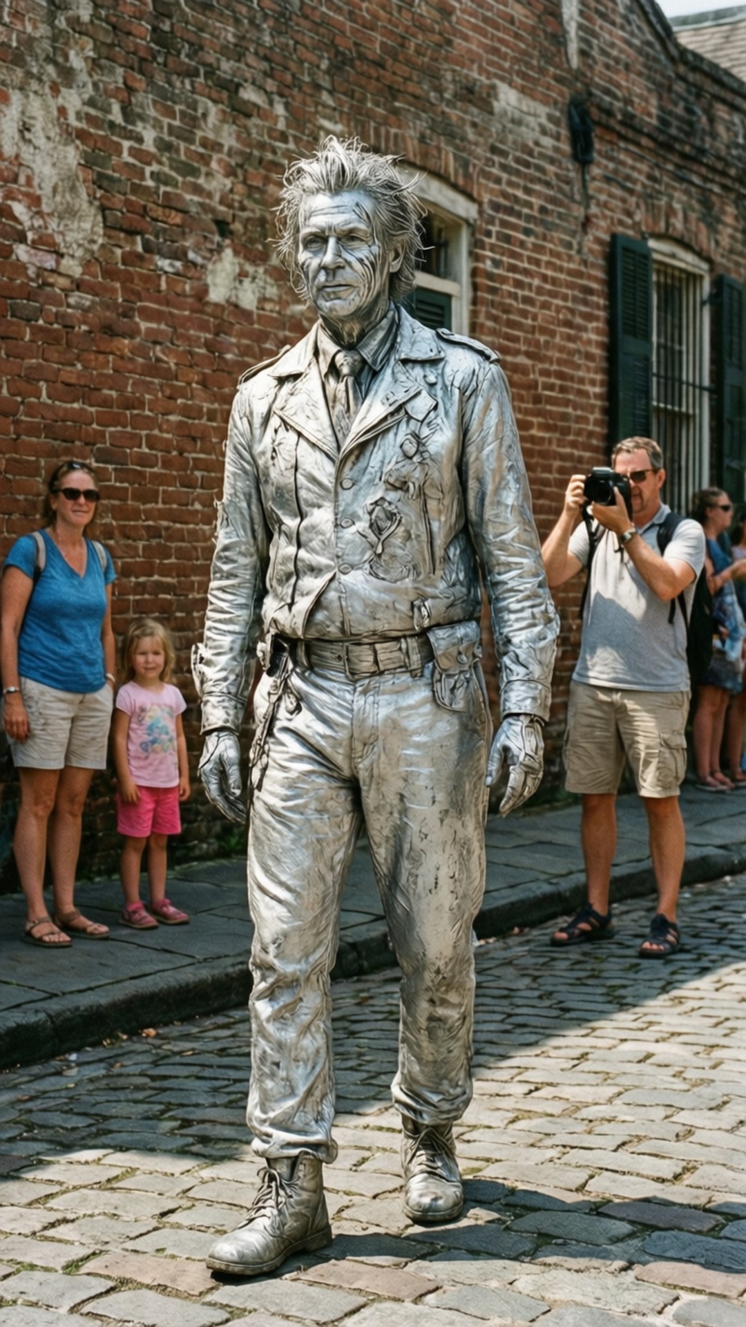 Living Statue Performance 壁紙 — 一個全身塗滿銀色顏料的人站在鵝卵石上，遊客在磚砌建築附近為他們拍照。