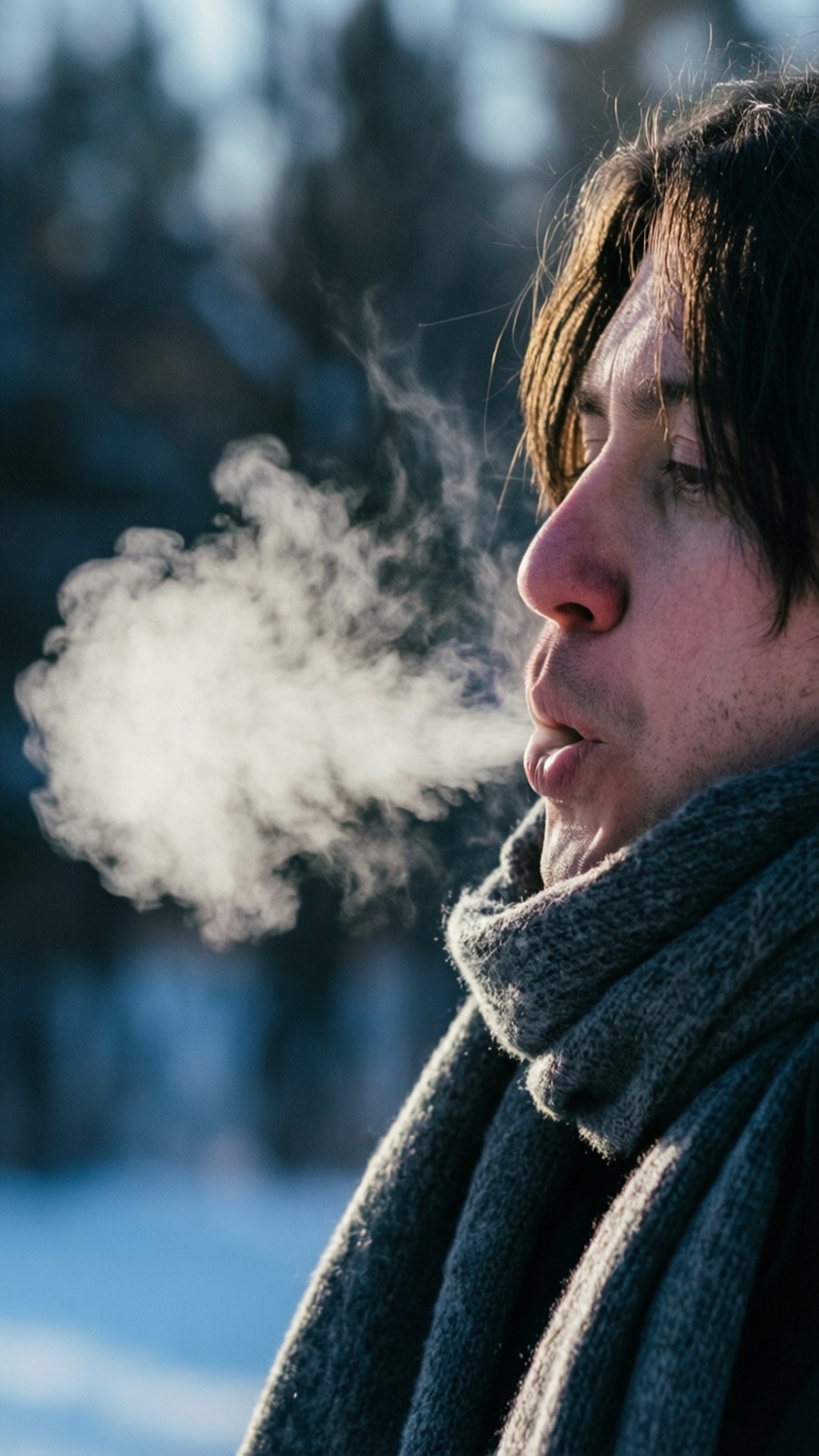Winter Breath Exhale 壁紙 — 一個人在雪景中呼出可見的氣息，背景是模糊的森林。