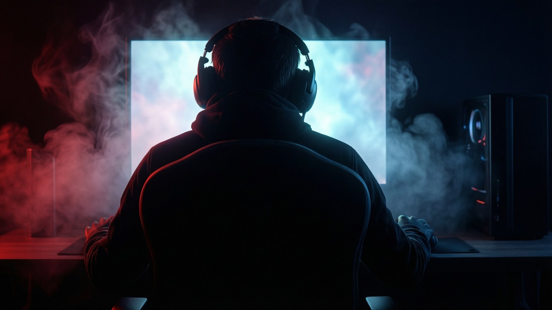 Shadow of the Gamer 壁紙 — 一個剪影人物戴著耳機，在黑暗的房間裡，在環繞著旋轉的紅色和藍色煙霧的發光顯示器上玩遊戲。