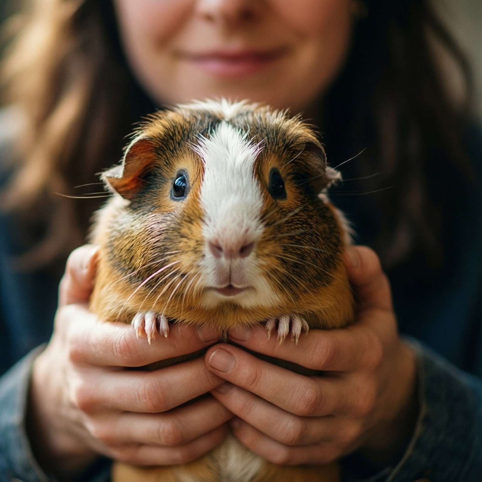 Guinea Pig Cuddle 壁紙 — 一個人輕輕抱著一隻三色天竺鼠，擁有引人注目的藍色眼睛和柔軟的毛髮。