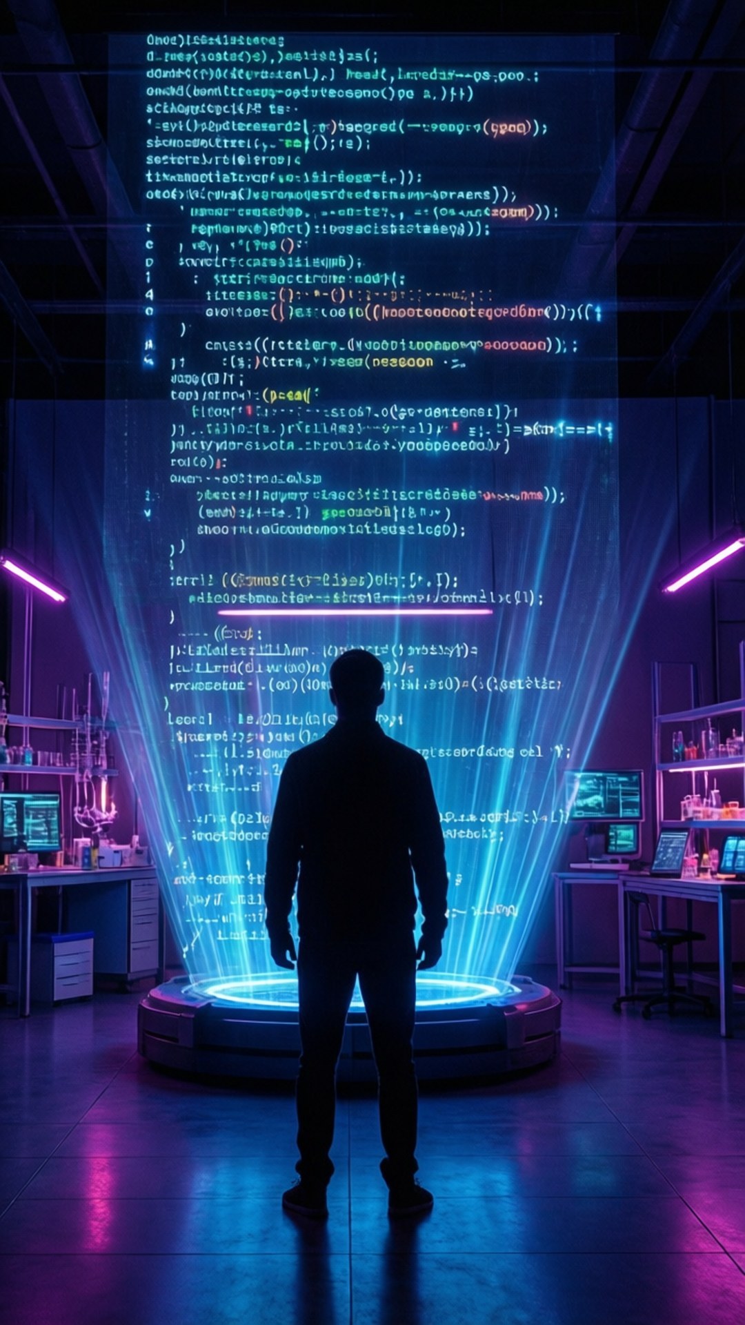 Holographic Coder 壁紙 — 一個人站在未來實驗室中，周圍環繞著發光的藍色和紫色代碼投影及霓虹燈。