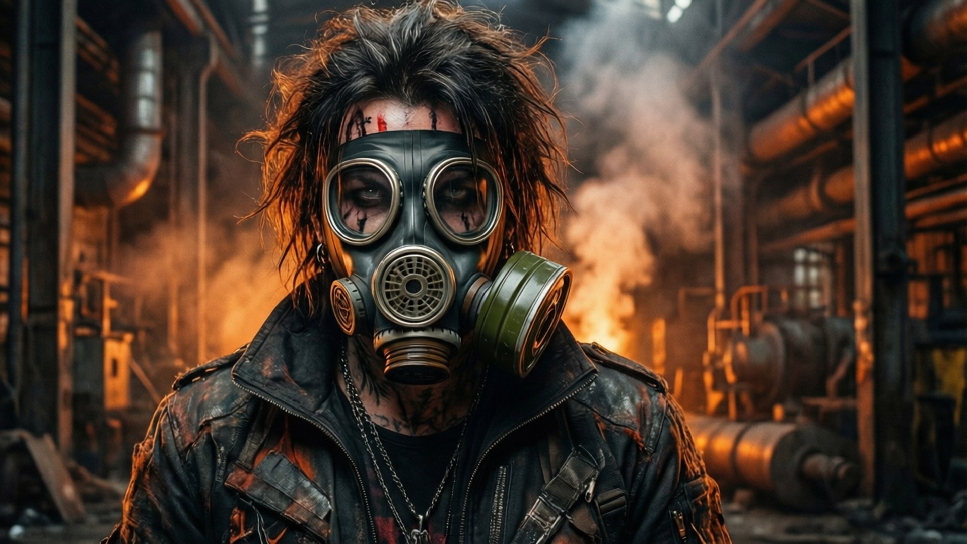 Gas Mask 壁紙 — 一個頭髮凌亂、帶有血跡的人，在煙霧瀰漫的工業工廠中戴著綠色防毒面具，周圍有發光的管道。