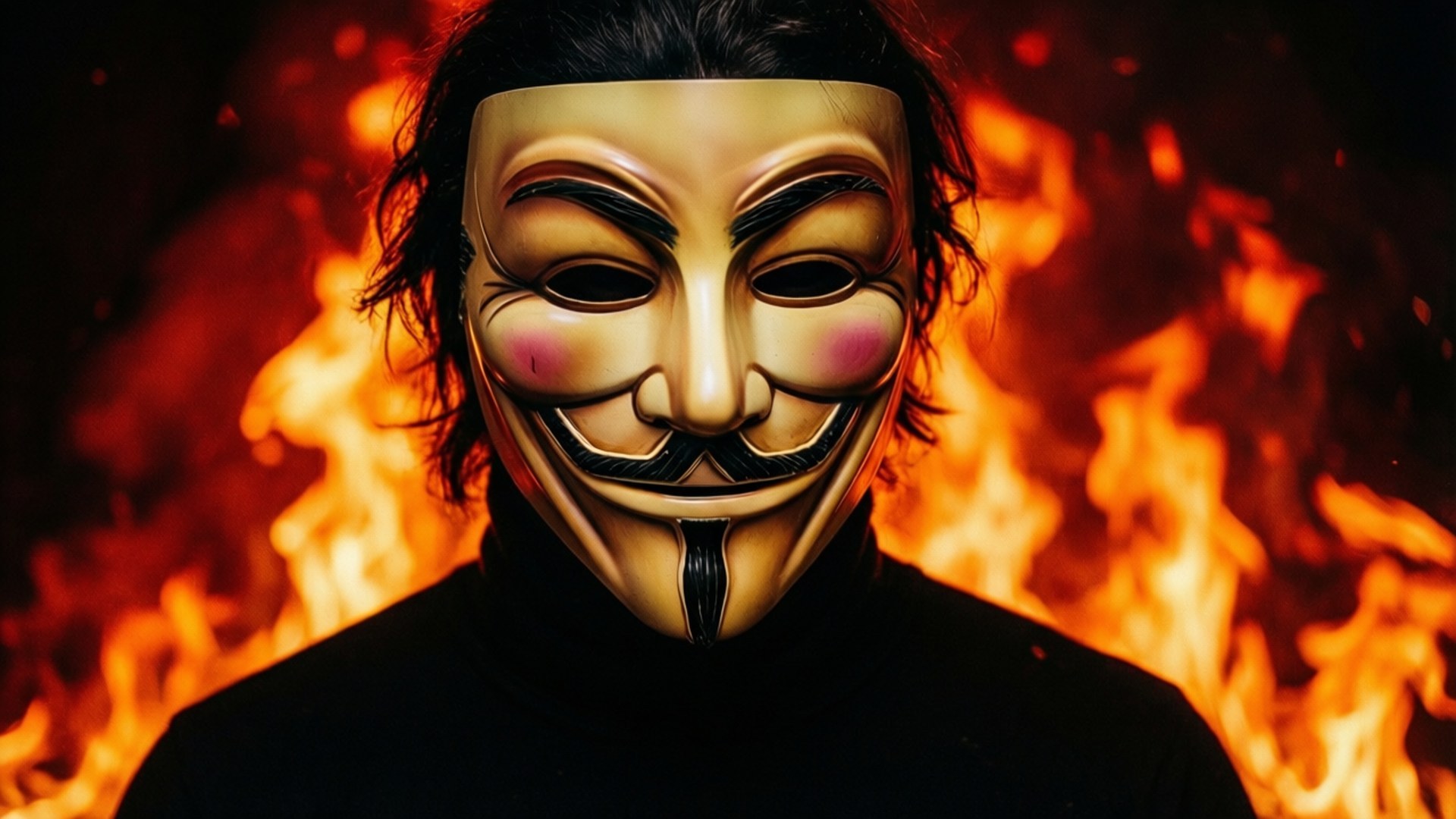 Fire of Rebellion 壁紙 — 一個戴著蓋伊·福克斯面具的人站在熊熊烈火前，火焰呈現強烈的橙紅色調。