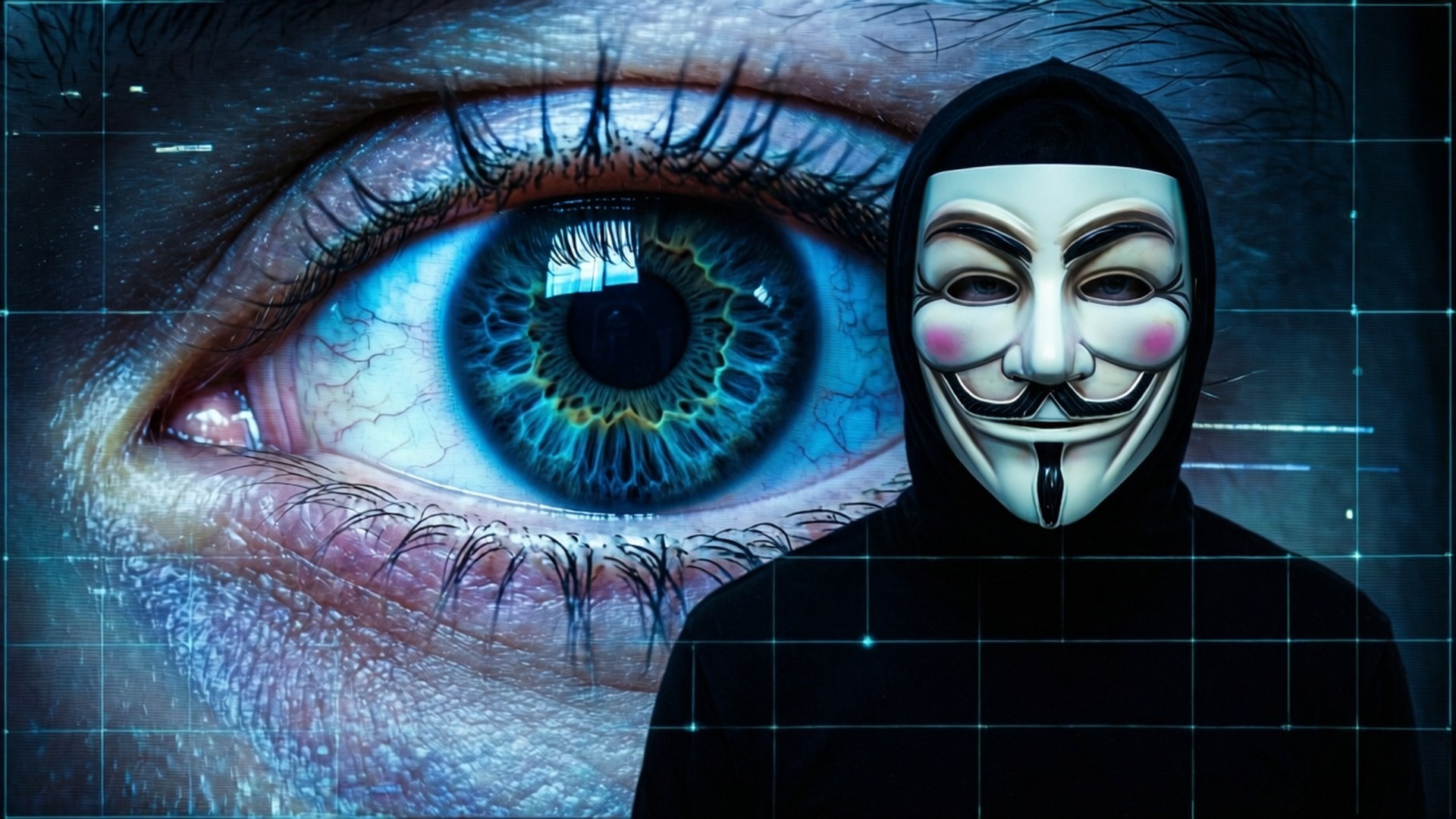 Eye of the System 壁紙 — 一個戴著蓋伊·福克斯面具的人站在一個帶有數位網格疊加的巨大發光藍色眼睛前。