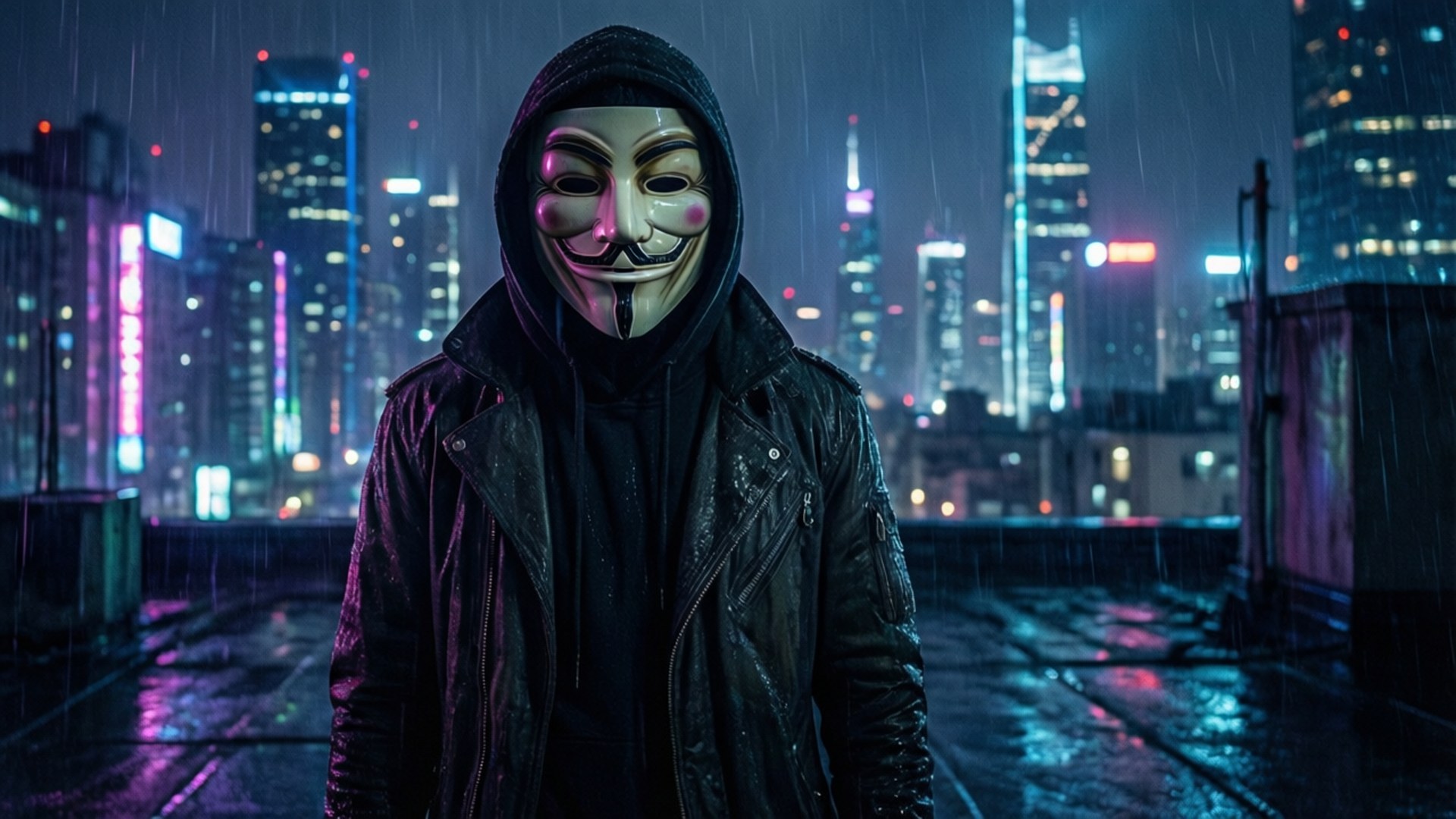 Cyberpunk Rooftop Vigil 壁紙 — 一個人戴著蓋伊·福克斯面具和黑色連帽衫，站在被雨水浸濕的屋頂上，俯瞰著夜晚霓虹燈閃爍的城市景觀。