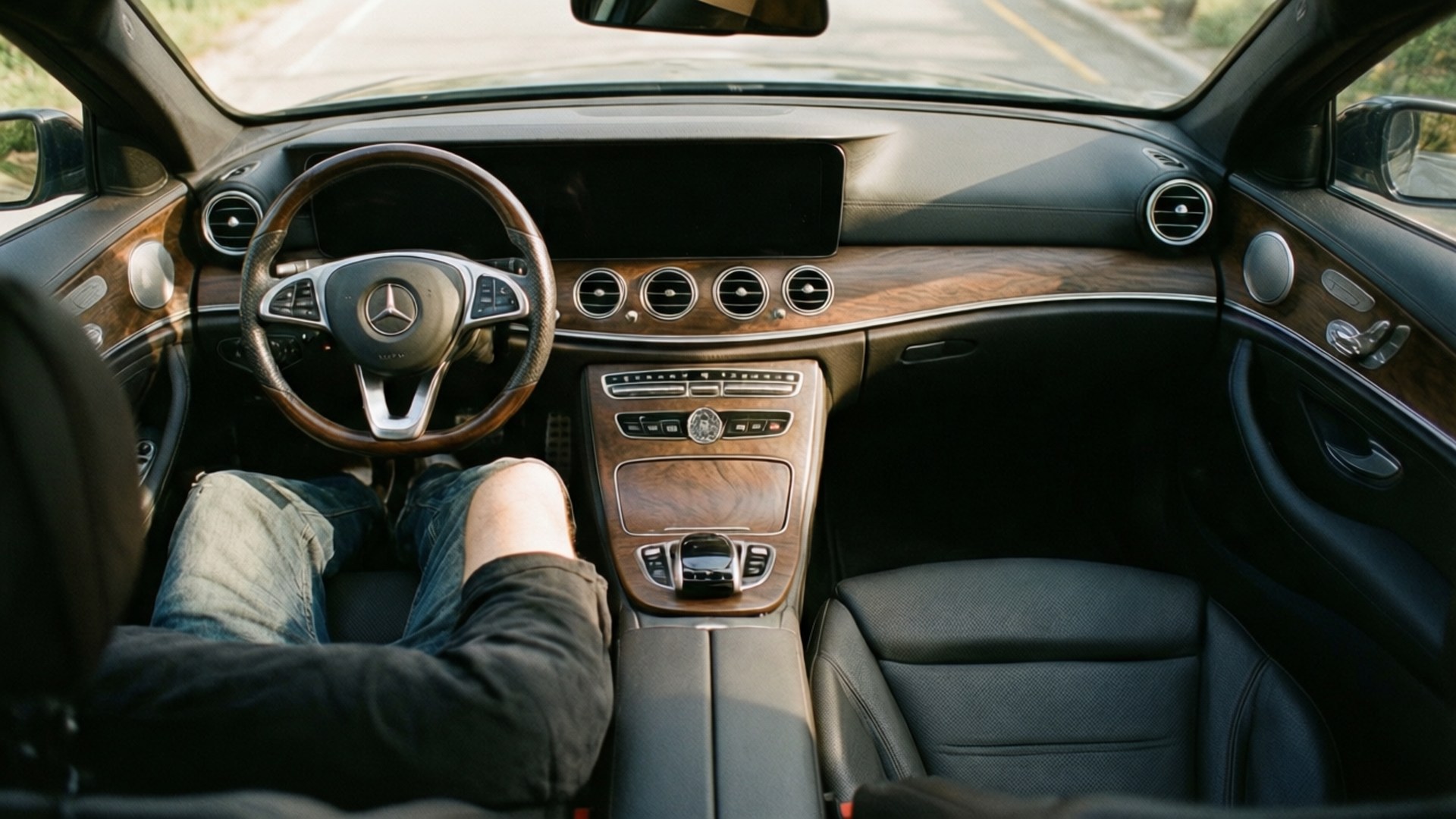 Driver's Perspective 壁紙 — 一個穿著牛仔褲的人放鬆地坐在豪華車的駕駛座上，車內有木飾和皮革內飾。