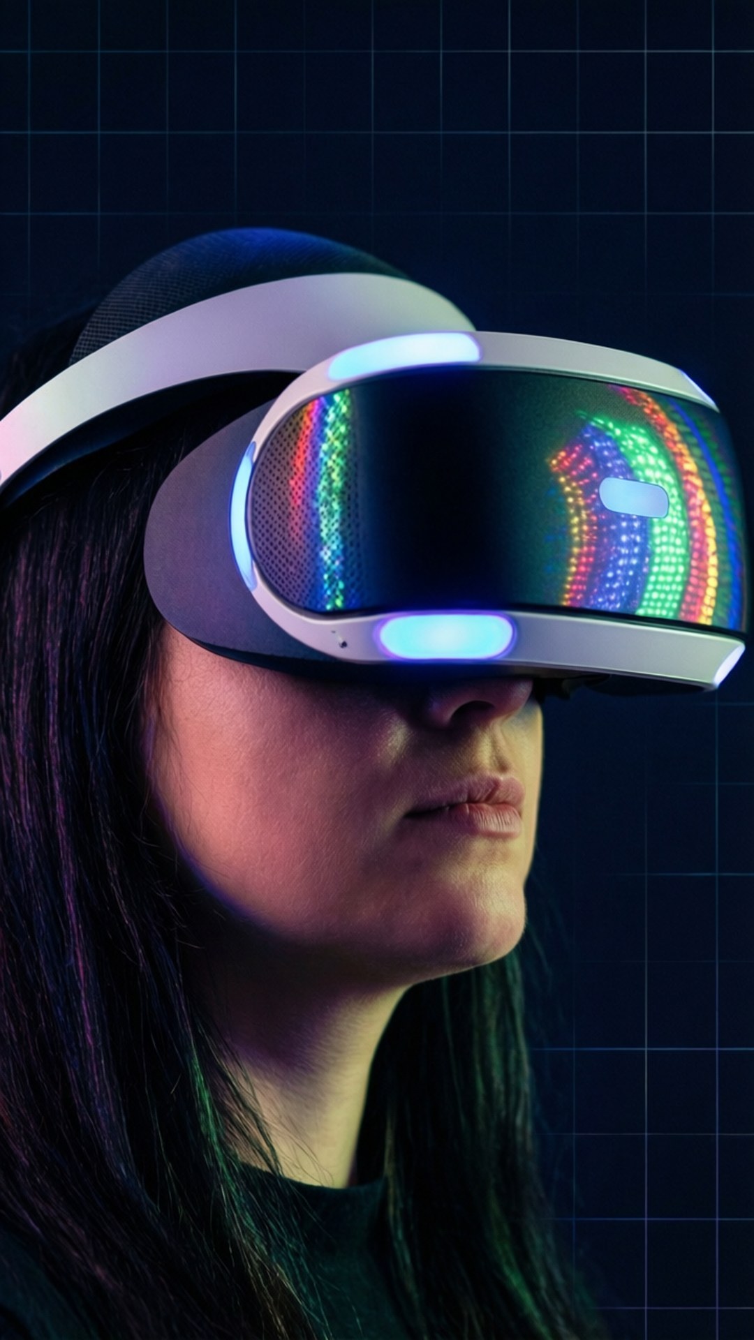 VR Immersion Neon 壁紙 — 側面的人戴著發光的VR頭戴式顯示器，在深色網格背景上顯示鮮豔的彩虹圖案。
