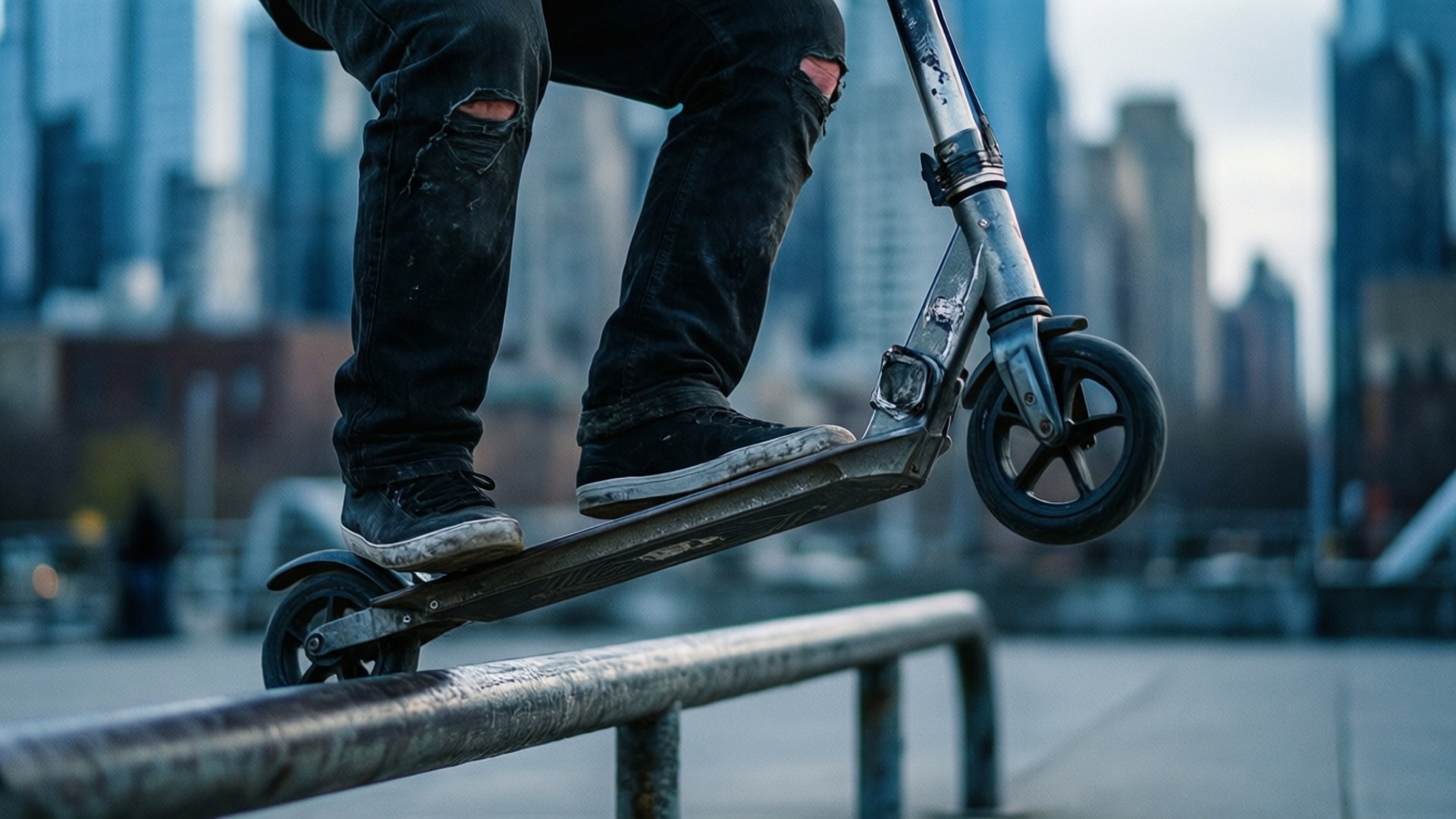 Freestyle Scootering 桌布 壁紙 — 一個穿著破洞牛仔褲的人在金屬欄杆上平衡滑板車，背景是模糊的城市天際線。