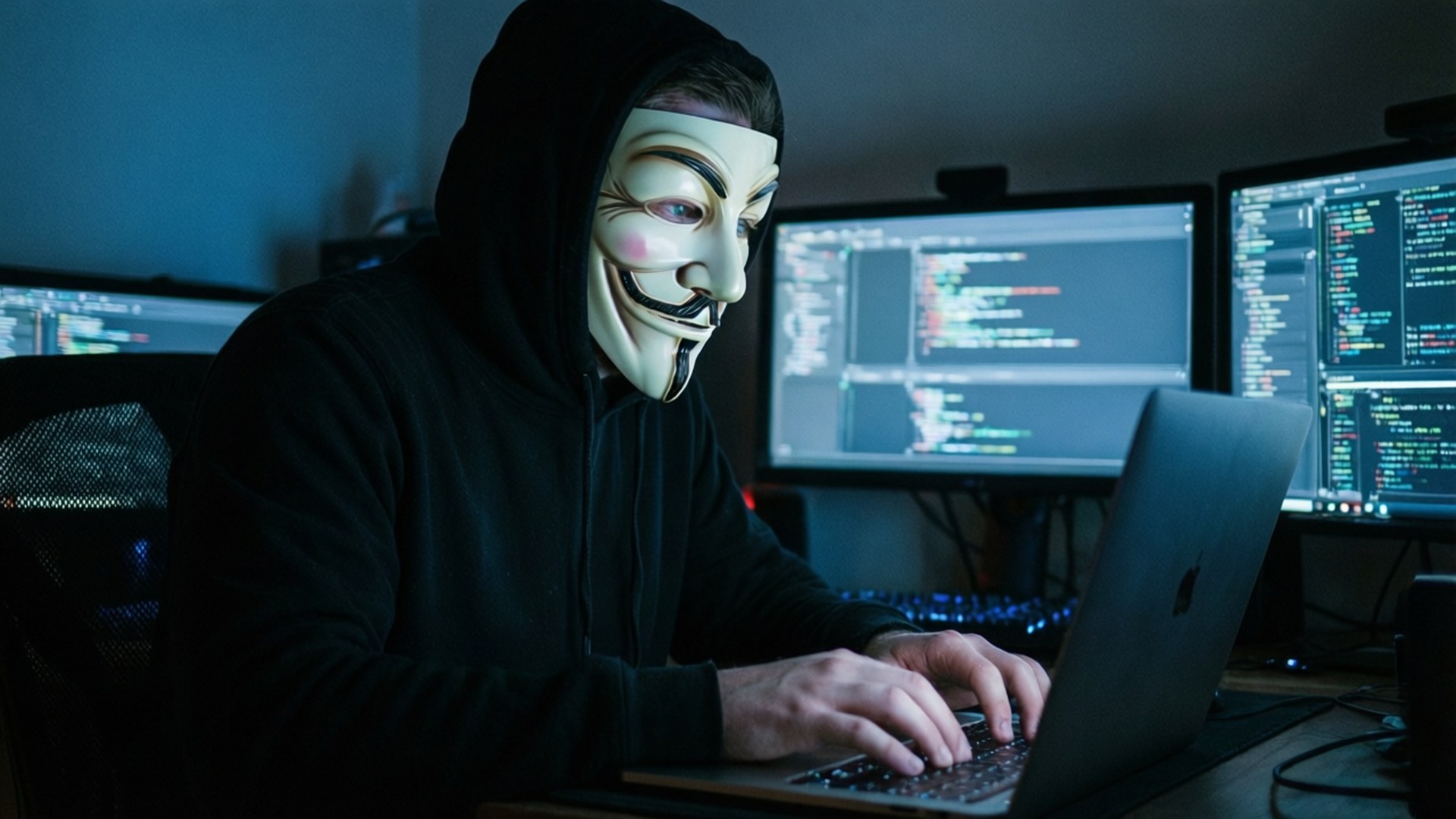 The Hacker's Lair 壁紙 — 一個人戴著白色蓋伊·福克斯面具和黑色連帽衫，在光線昏暗的房間裡打字，多個顯示器顯示代碼。