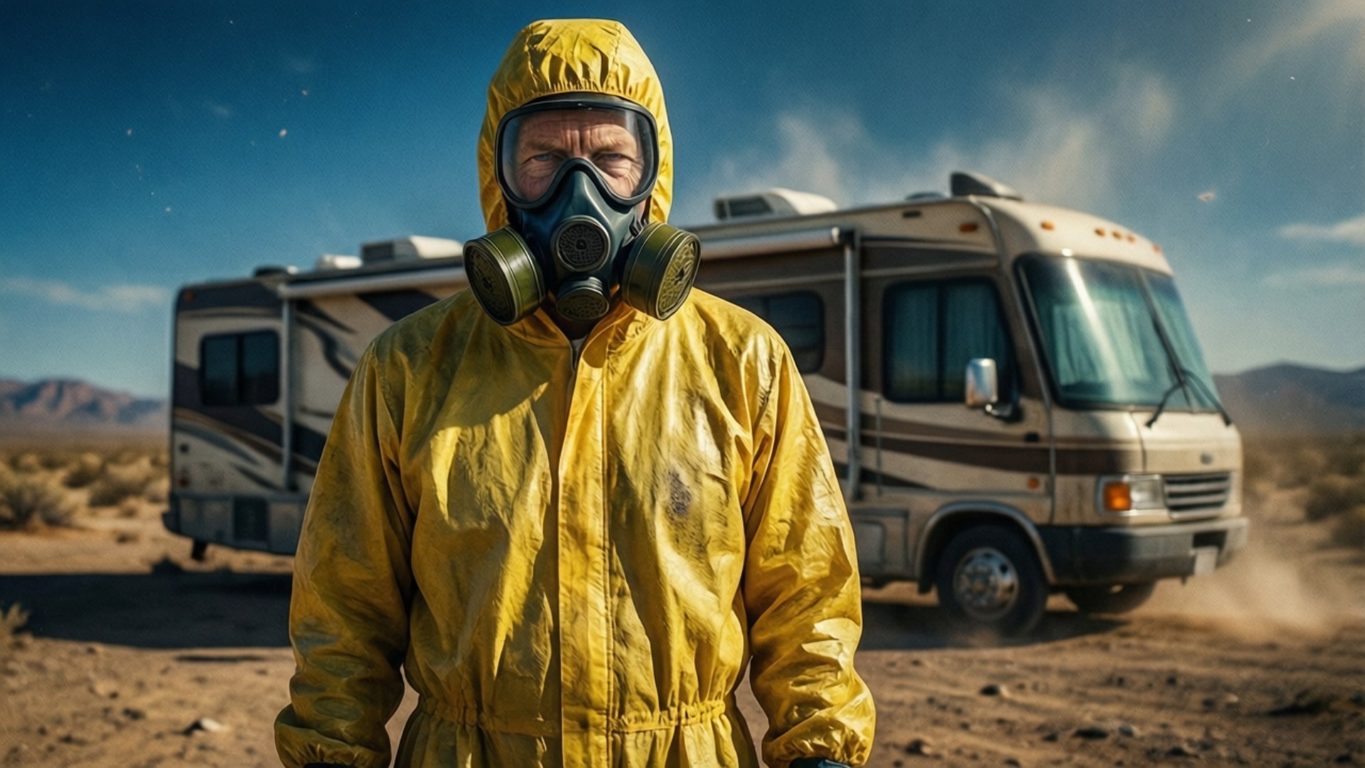 Heisenberg in the Desert 壁紙 — 一個人穿著黃色防護服和防毒面具，站在沙漠中，身後有一輛佈滿灰塵的露營車，天空蔚藍。