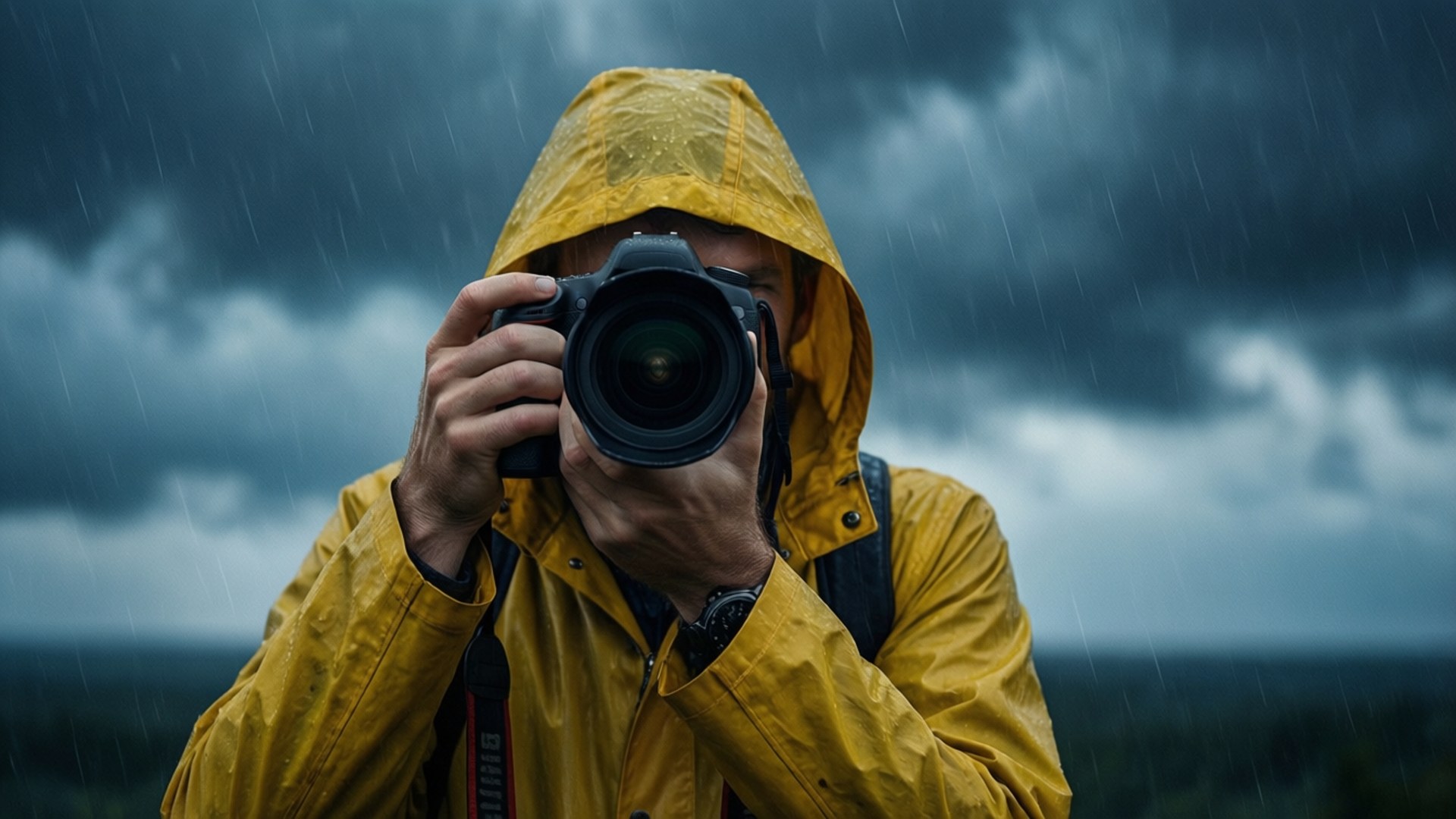 Stormy Photographer 壁紙 — 一個穿著亮黃色雨衣的人，在暴風雨的灰色天空和落雨中，將相機舉到臉前。