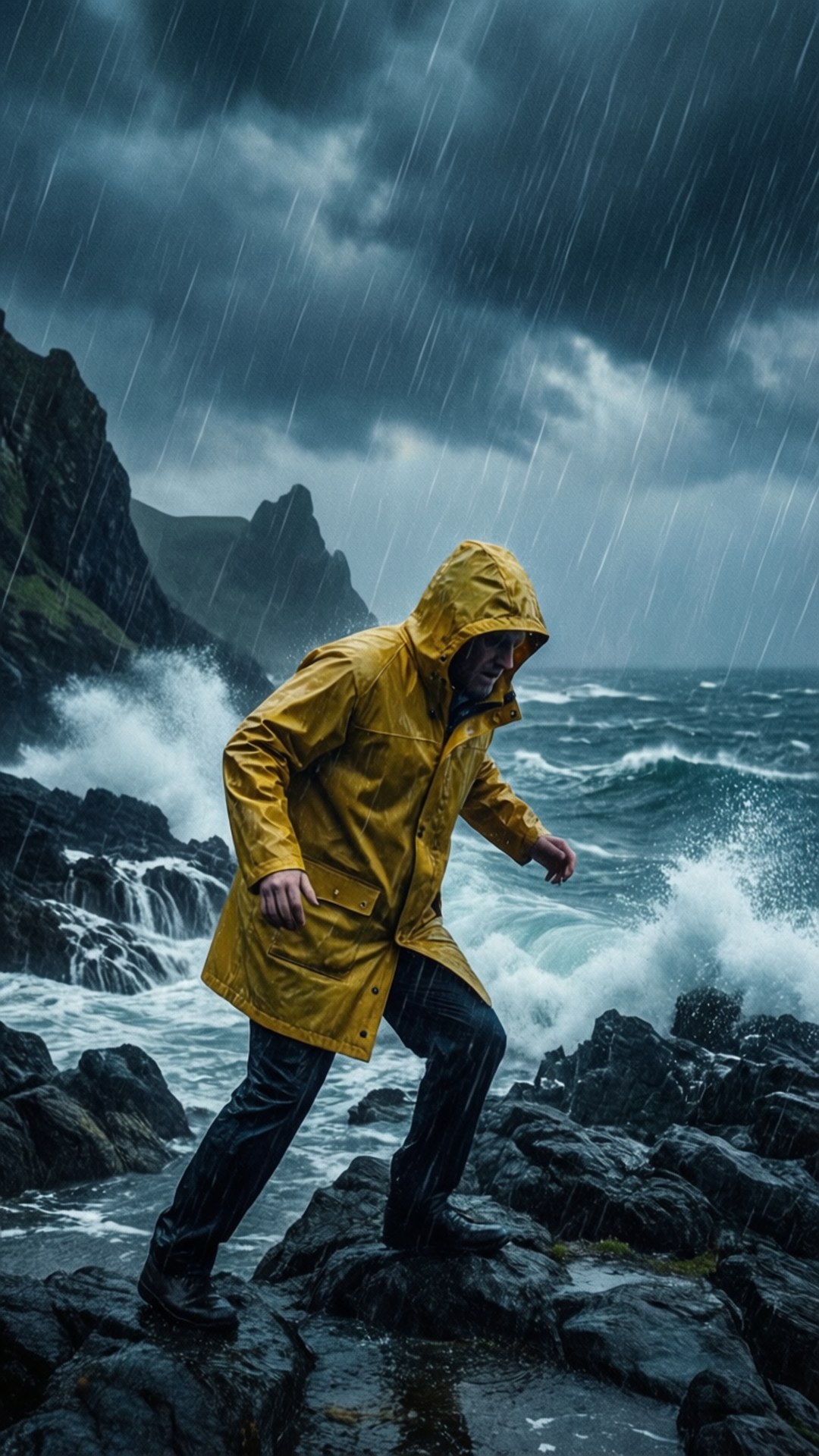 Windstorm 桌布 壁紙 — 一個穿著亮黃色雨衣的人，在波濤洶湧、烏雲密佈的暴風雨海岸懸崖上勇敢前行。