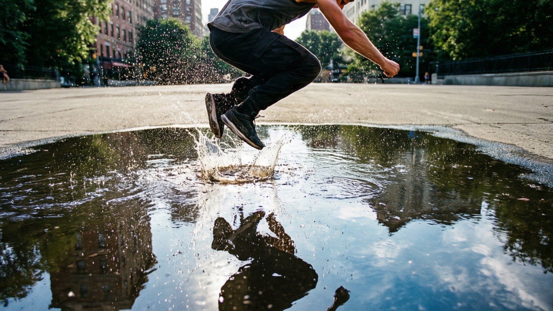 Puddle Splash Jump 壁紙 — 一個人在城市水坑上方凌空跳躍，激起水花四濺，他們的倒影映照在下方水面。