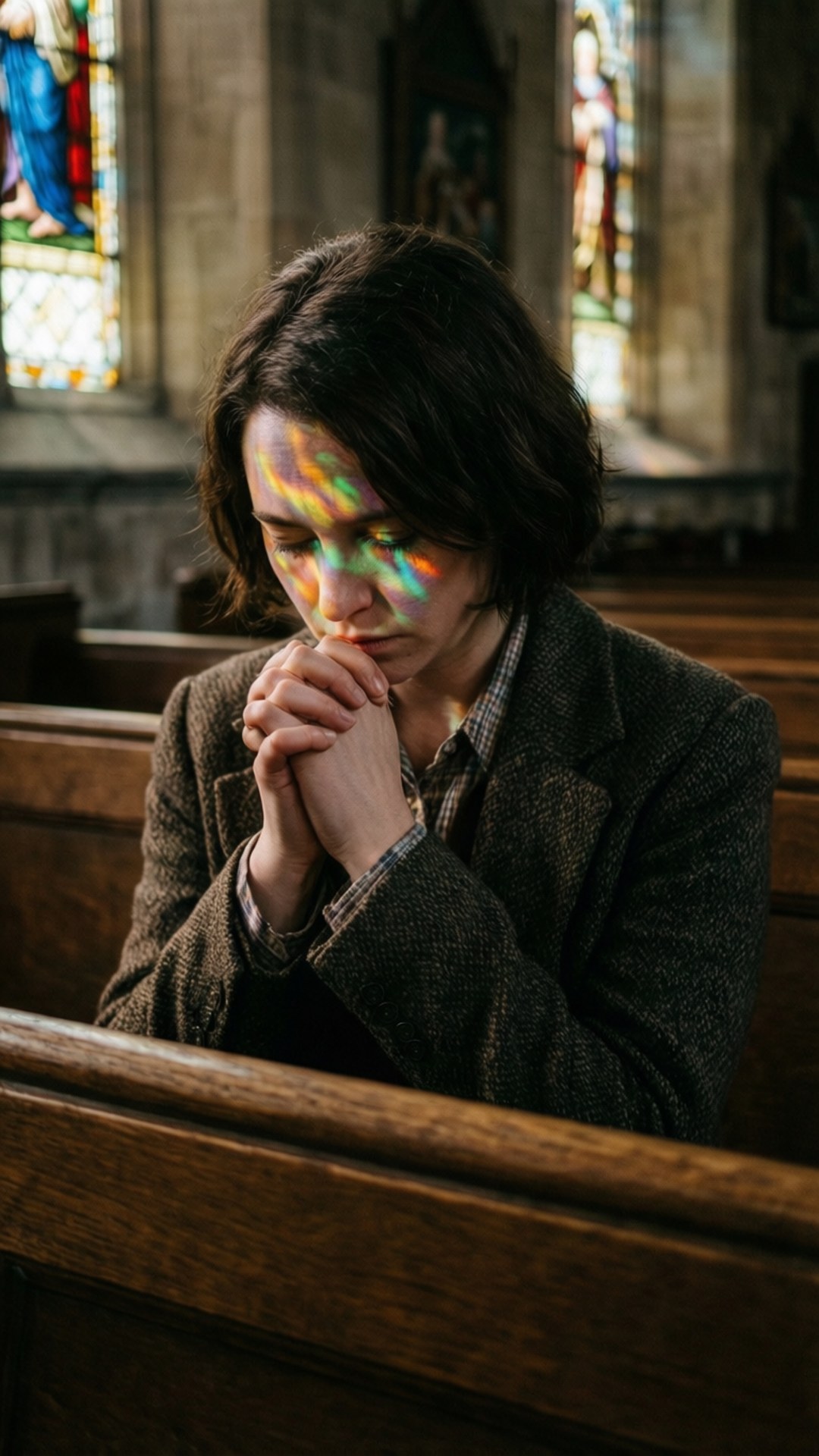Church Prayer 壁紙 — 一個人在教堂長椅上跪下祈禱，彩繪玻璃窗的彩虹光圖案照亮他們的臉。