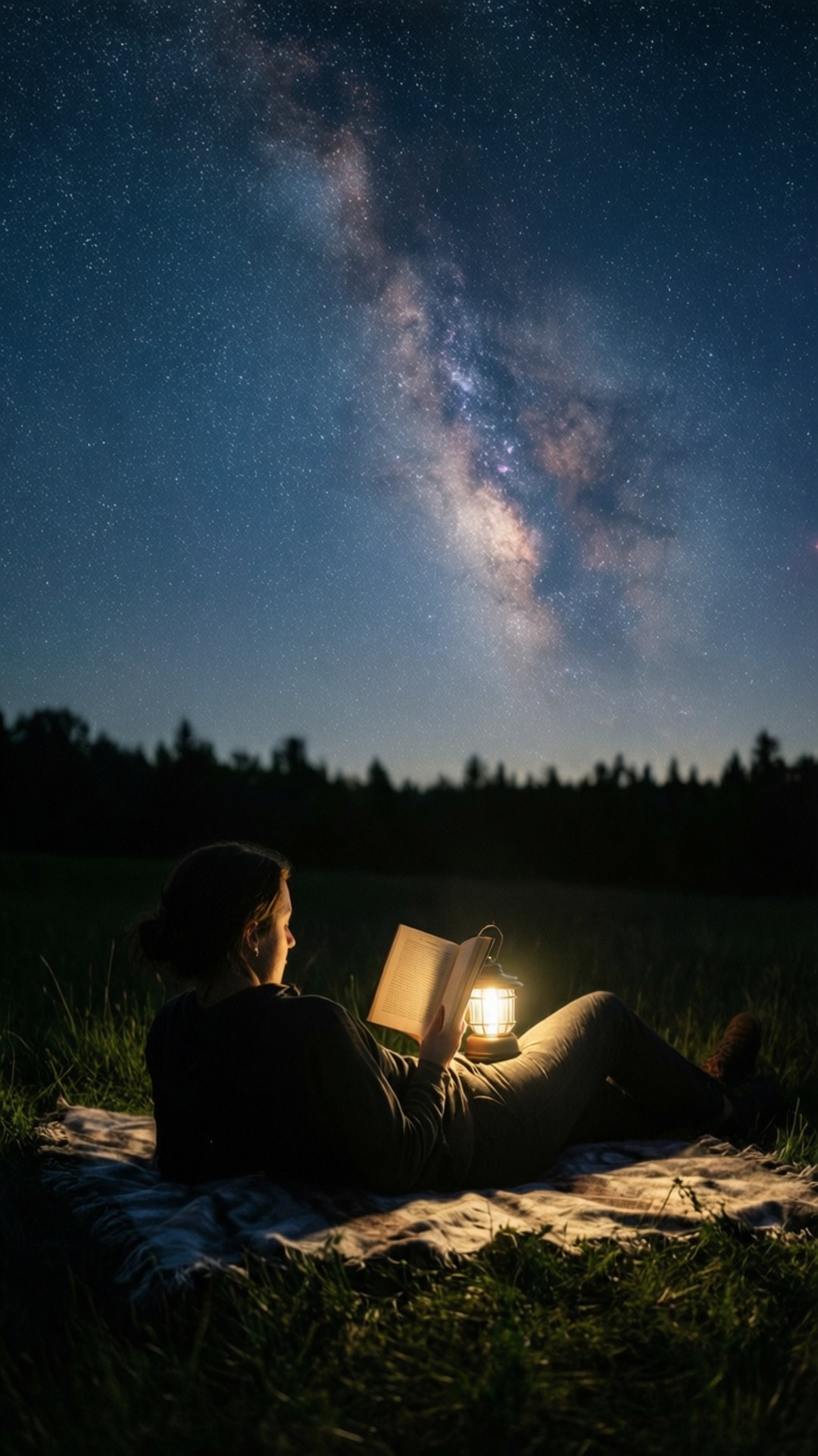 Stargazing Reader 壁紙 — 一個人躺在草地上，在繁星點點的夜空下，靠著燈籠的光閱讀一本書，銀河就在上方。