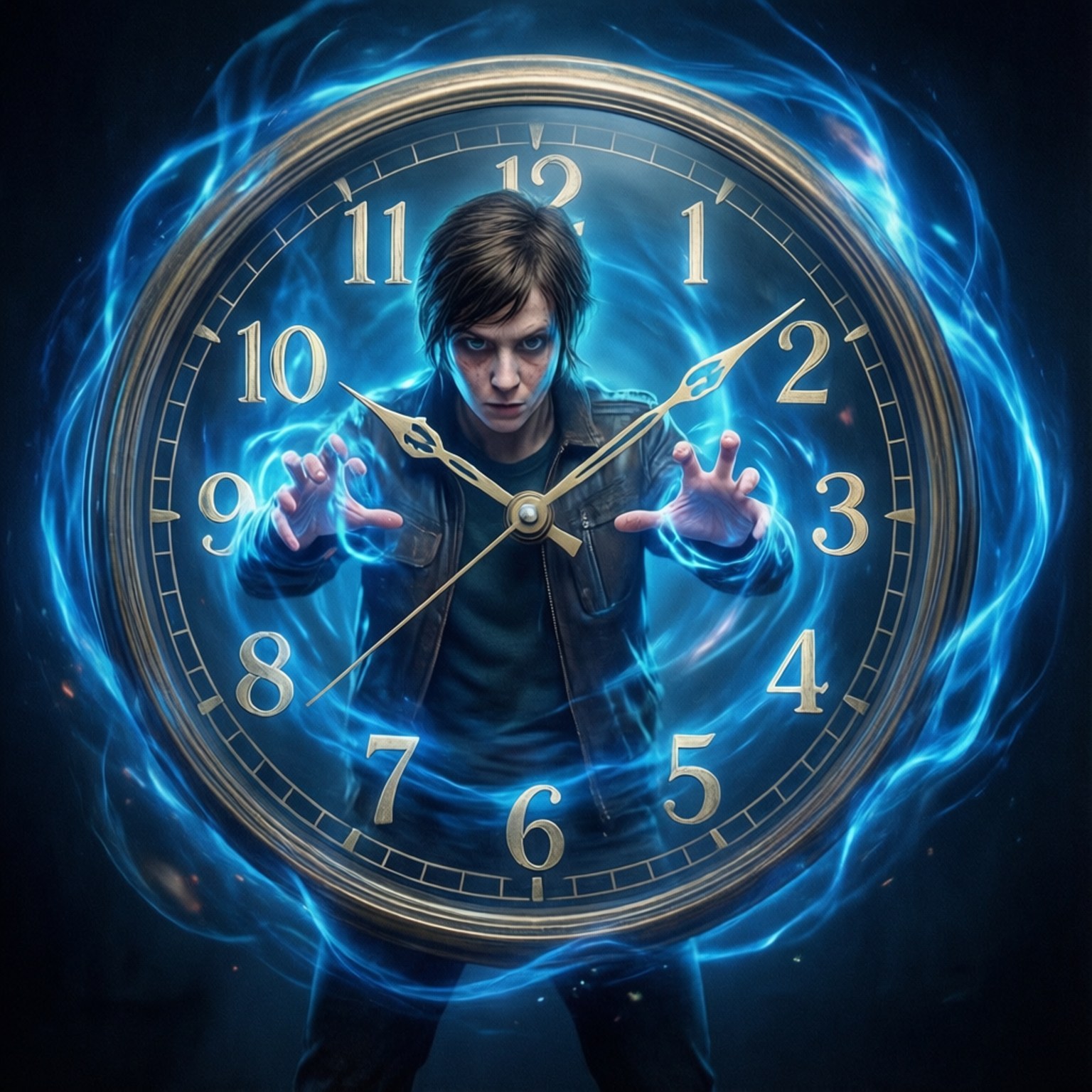 Rewind Clock 壁紙 — 一個眼神銳利的人站在發光的藍色時鐘面內，用伸出的雙手操控時間。