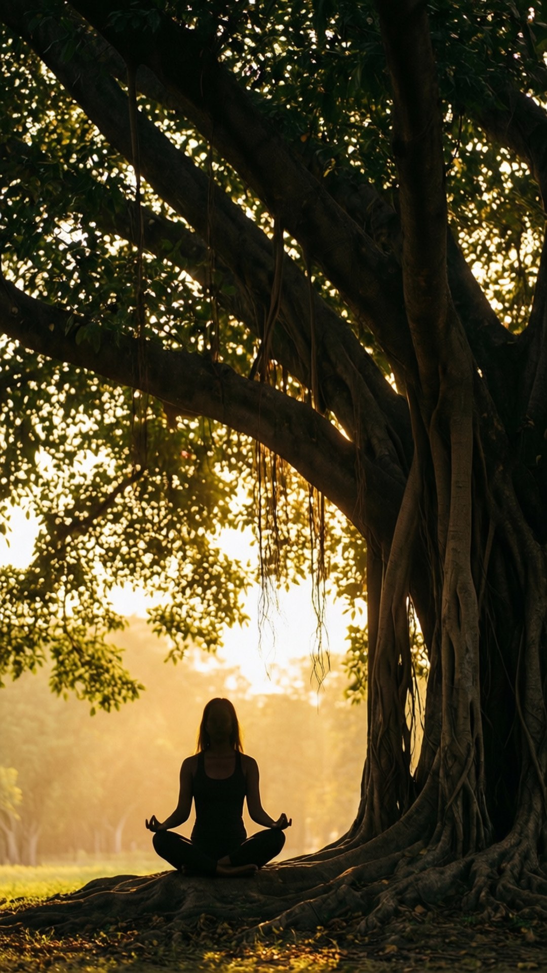 Meditation Under Tree 壁紙 — 一個人在一棵根部廣闊的大樹下冥想，金色的陽光穿過樹葉灑落。