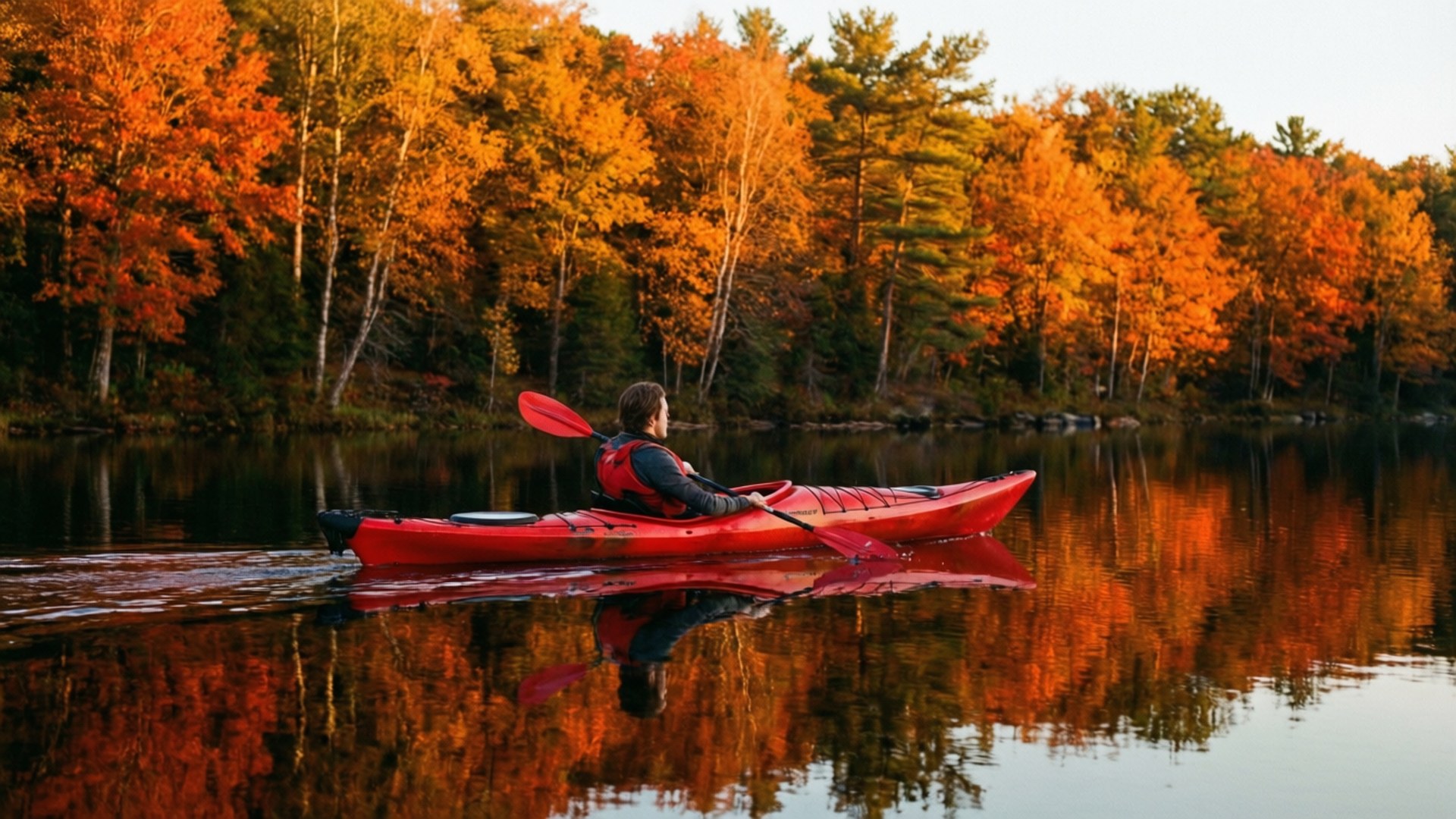 Kayak 桌布 壁紙 — 一個人在平靜的湖上划著紅色皮划艇，周圍是鮮豔的橙色秋樹倒映在水中。