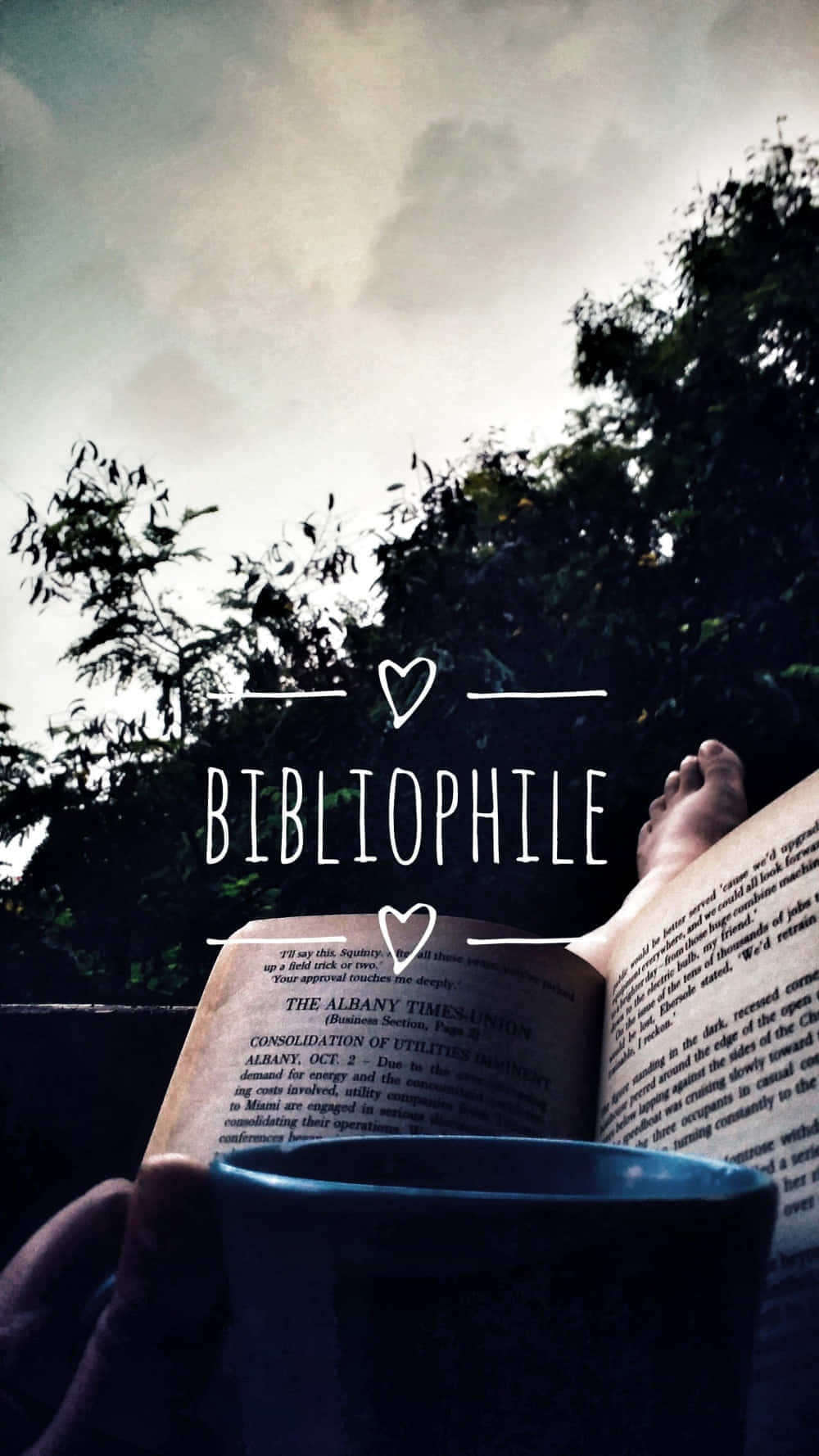 Dark Book Aesthetic 桌布 壁紙 — 一個人在戶外放鬆，手持藍色馬克杯閱讀報紙，天空多雲。