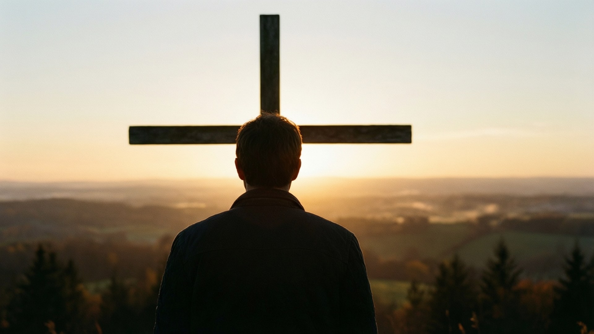Empty Cross Sunrise 壁紙 — 一個人以剪影站在一個大木十字架前，在日出時俯瞰霧氣瀰漫的山谷。