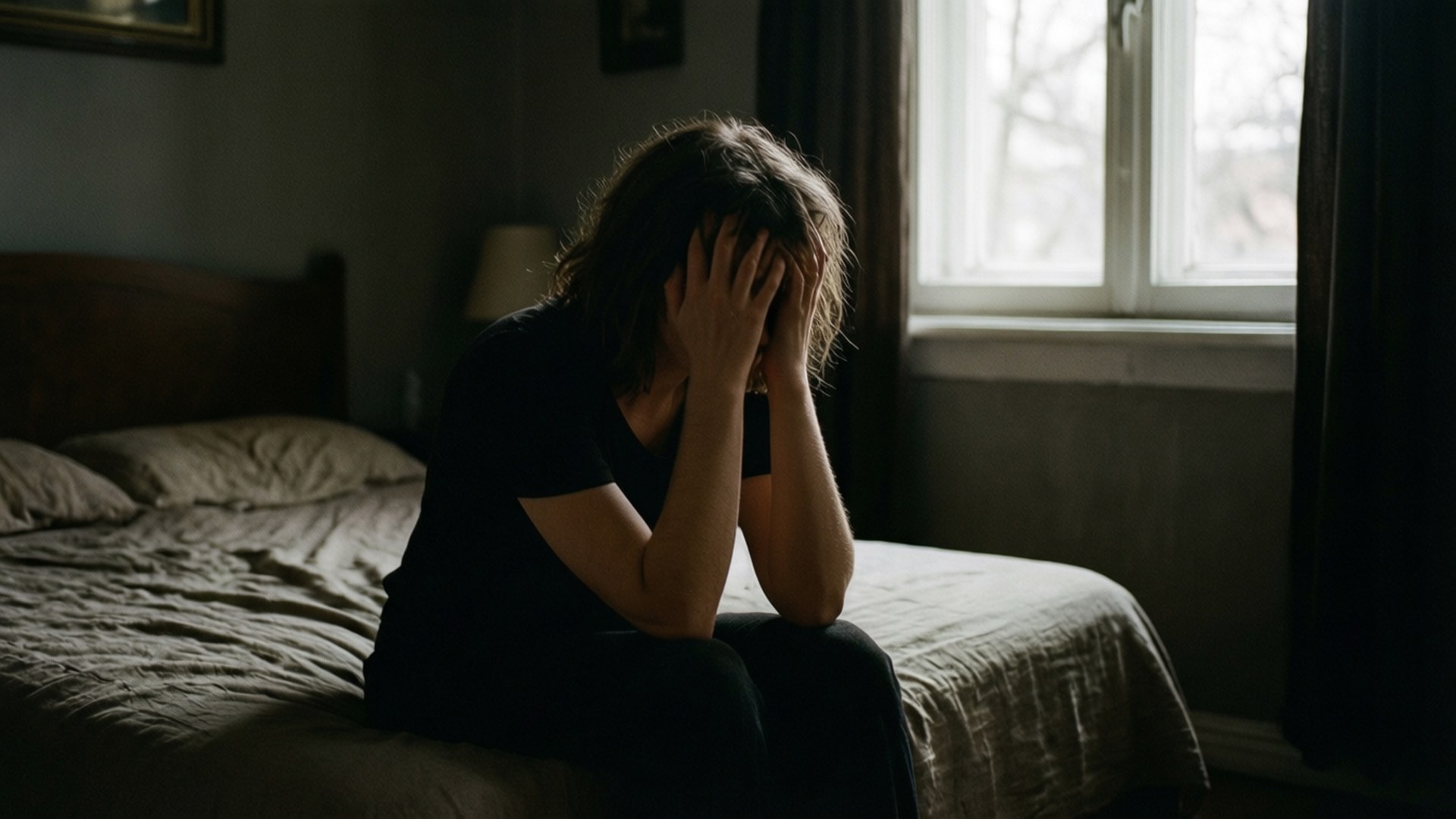 Anguish 桌布 壁紙 — 一個人坐在昏暗房間的床上，雙手遮臉，沐浴在窗戶透進的柔和光線中。