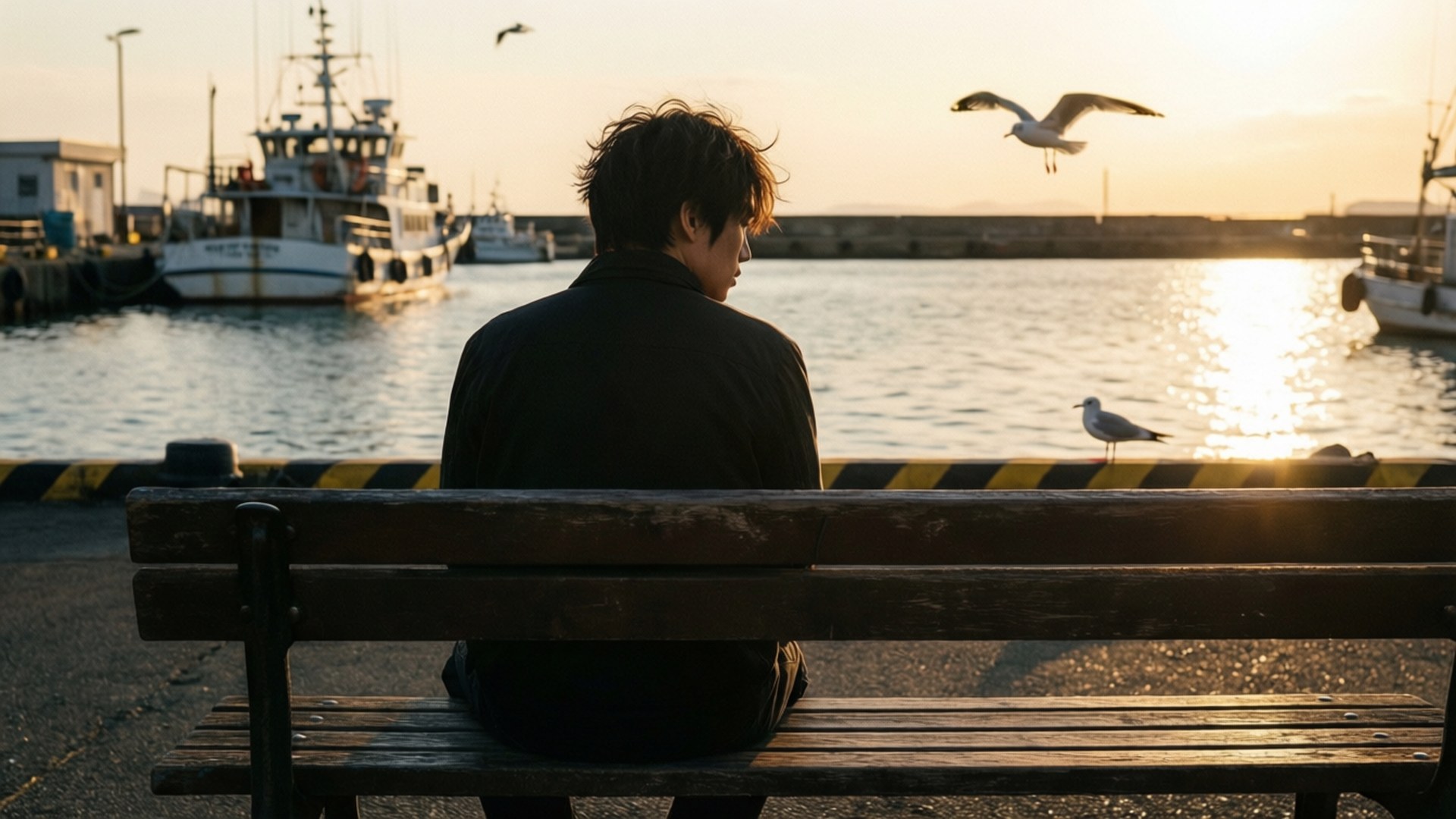 Harbor Solitude 壁紙 — 一個人獨自坐在海港一張經風吹日曬的長椅上，夕陽西下，海鷗在附近飛翔和棲息。