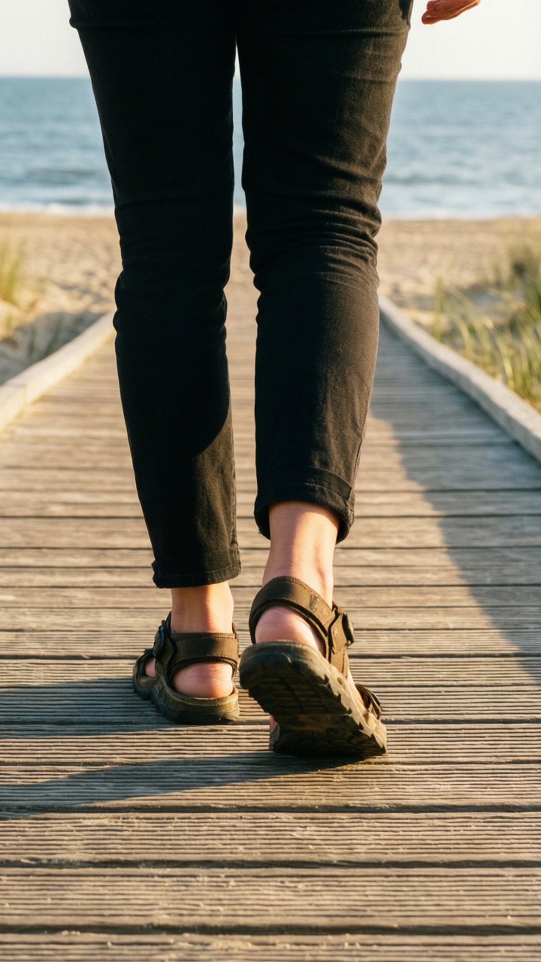Boardwalk Summer Stroll 壁紙 — 一個穿著黑色褲子和棕色涼鞋的人沿著木棧道走向日落時分的大海。