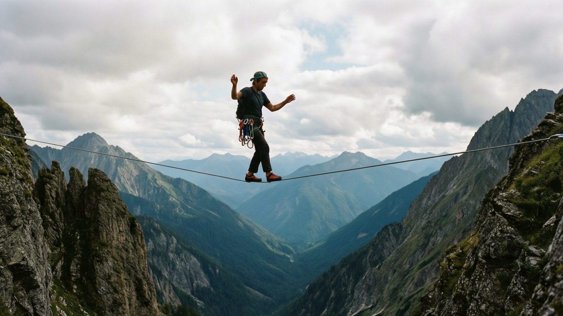 Peak Balance 壁紙 — 一個穿著攀岩裝備的人，在陰天之下，小心翼翼地走在一條繃緊於兩個岩石山峰之間的繩索上。