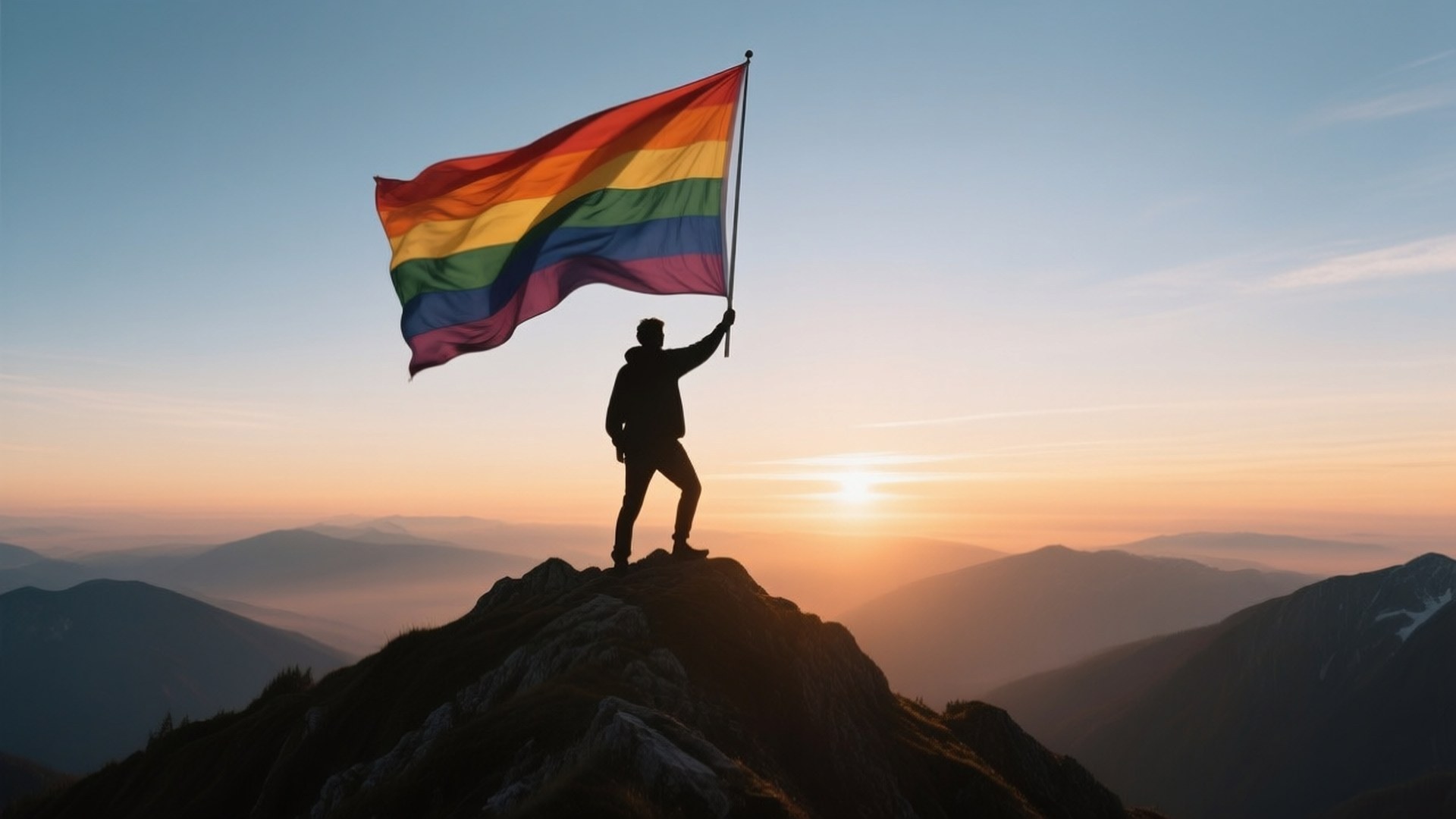 Summit Pride Victory 壁紙 — 一個剪影人物站在山頂上，在日出時揮舞著鮮豔的彩虹旗，背景是漸變色的天空。