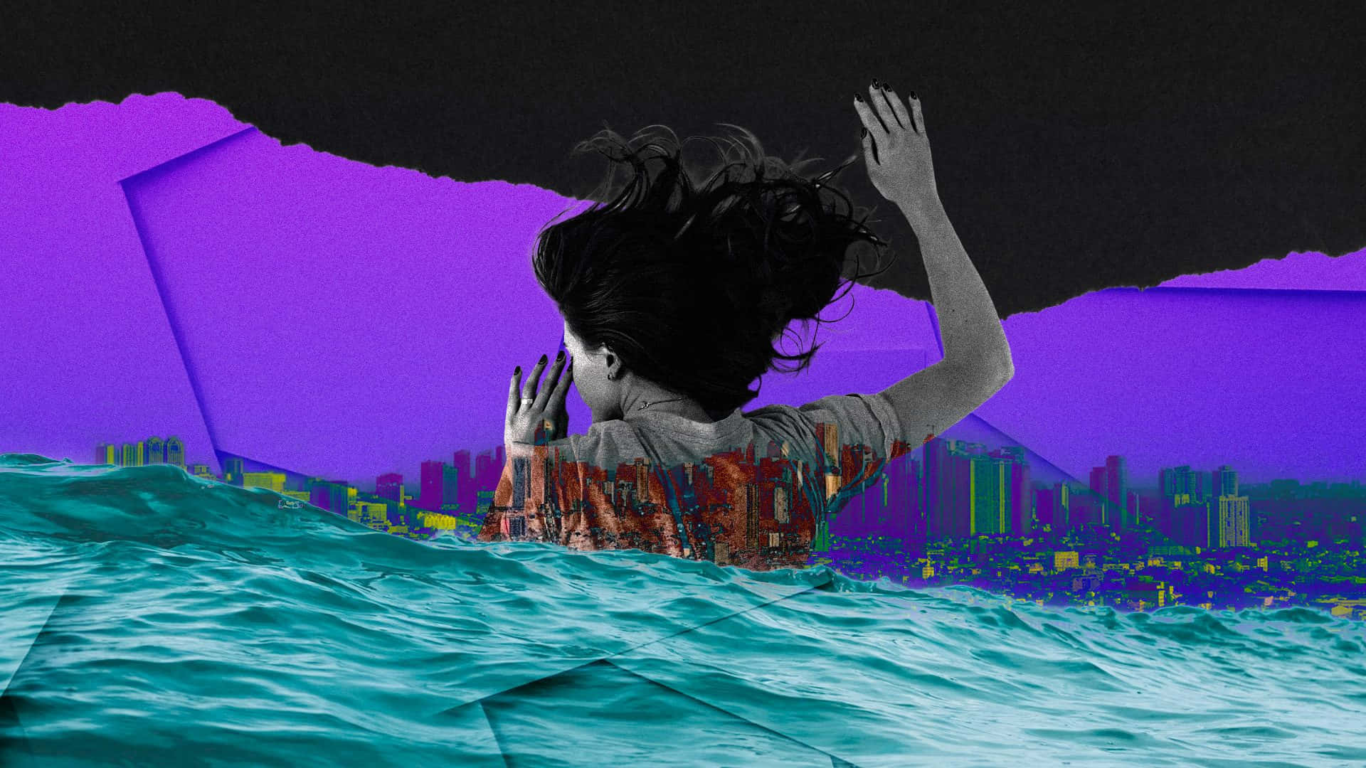  壁紙 — 一個深色頭髮的人從藍綠色波浪中浮現，背景是撕裂的紫色天空，露出下方的霓虹城市景觀。