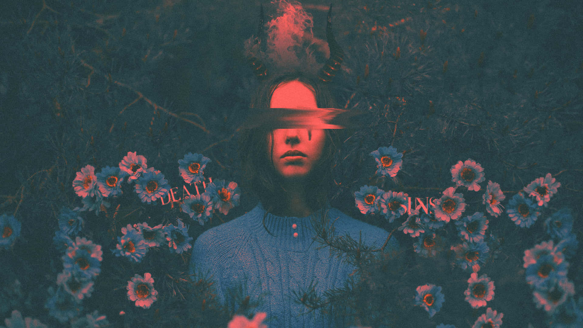 壁紙 — 一個有角和紅色發光眼睛的人站在深藍色花朵中，帶有「DEATH」和「SINS」的文字發出紅色光芒。