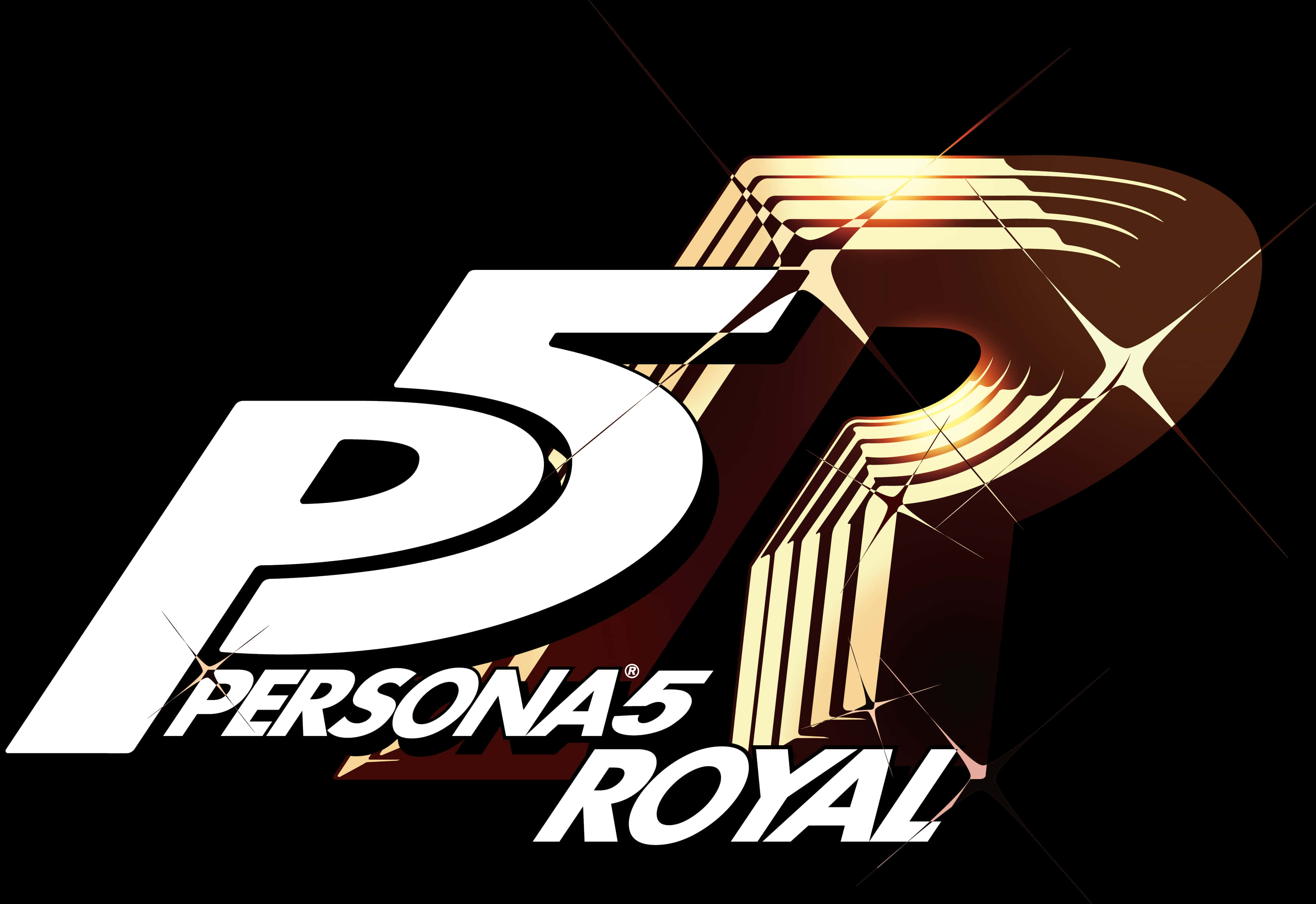 桌布 壁紙 — Persona 5 Royal 標誌在漆黑的背景上閃耀著金色金屬條紋，並帶有閃爍的光效。