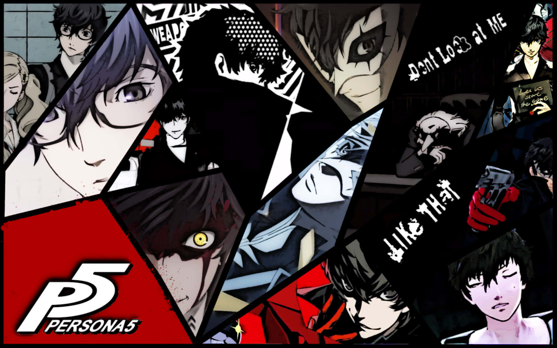 桌布 壁紙 — Persona 5 動畫角色的動態拼貼畫，採用大膽的幾何碎片，帶有戲劇性的表情和標誌性的紅色點綴。