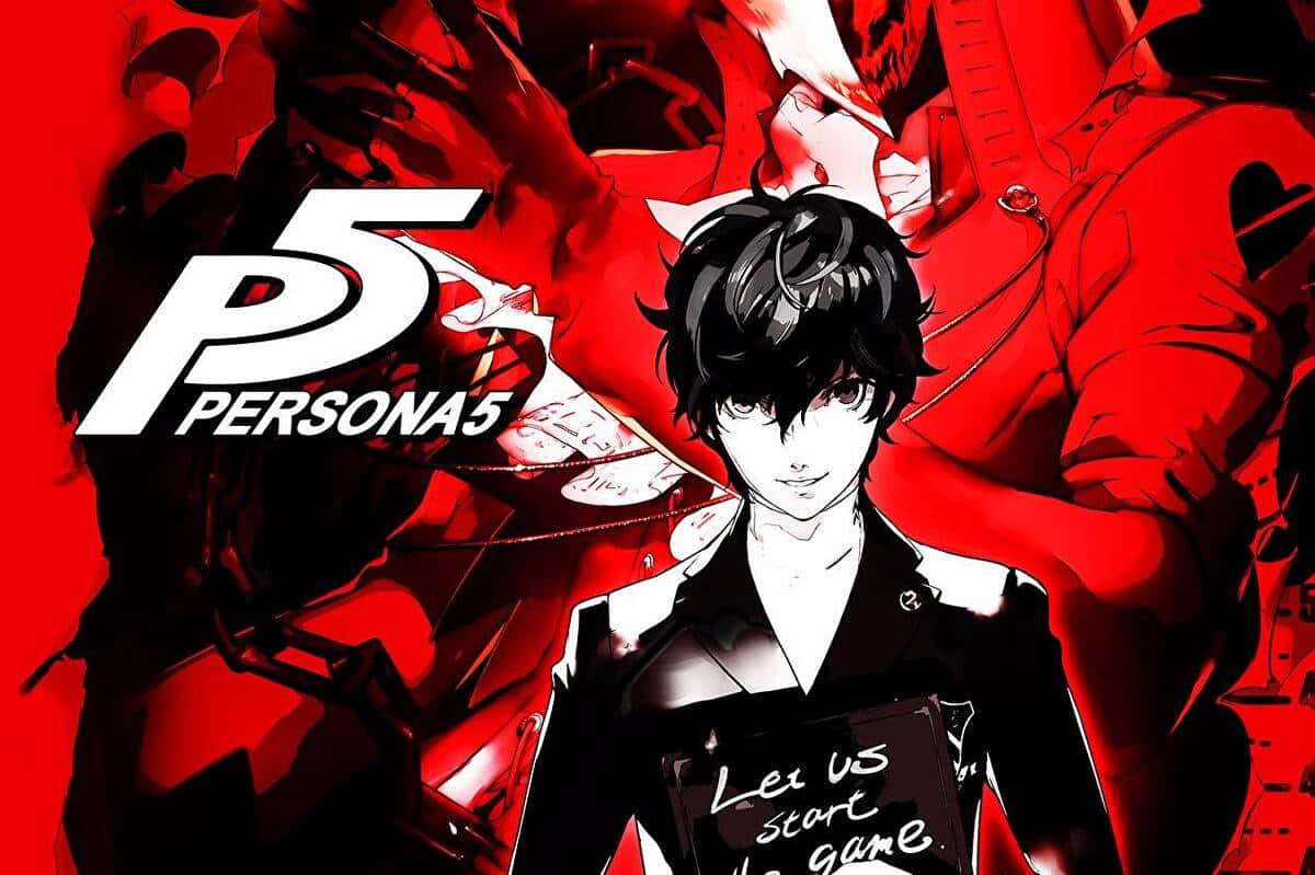 女神異聞錄5 桌布 壁紙 — Persona 5 的大膽動漫風格海報，中央角色身穿黑色西裝，在鮮紅色背景上舉著標牌，周圍有陰影人物。