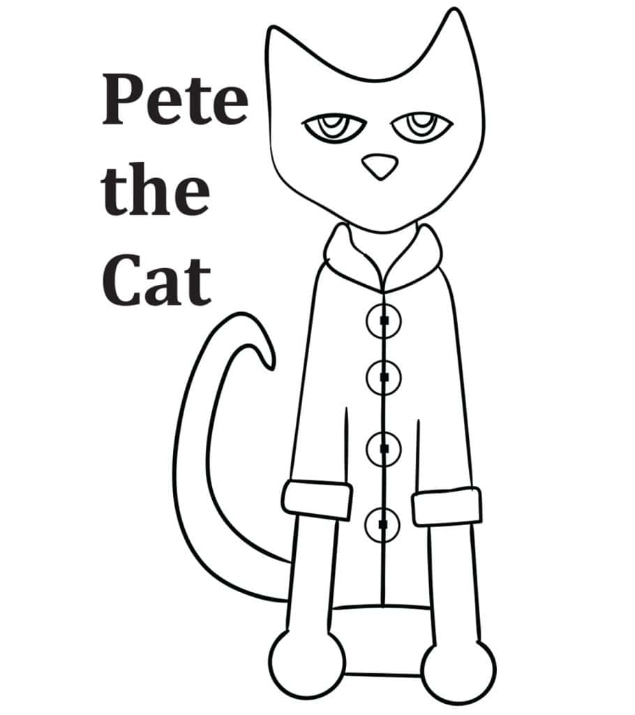貓咪藝術 桌布 壁紙 — Pete the Cat 穿著有鈕扣外套的黑白線條畫，旁邊有文字。
