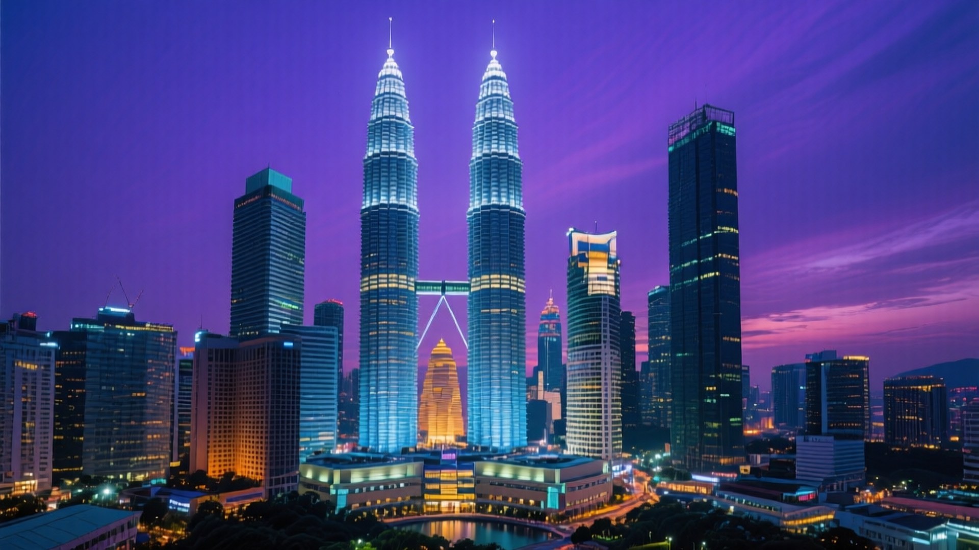 Petronas Towers Twilight Glow 壁紙 — 雙子塔在吉隆坡璀璨的天際線上，在充滿活力的紫色暮色天空中發出藍色光芒。